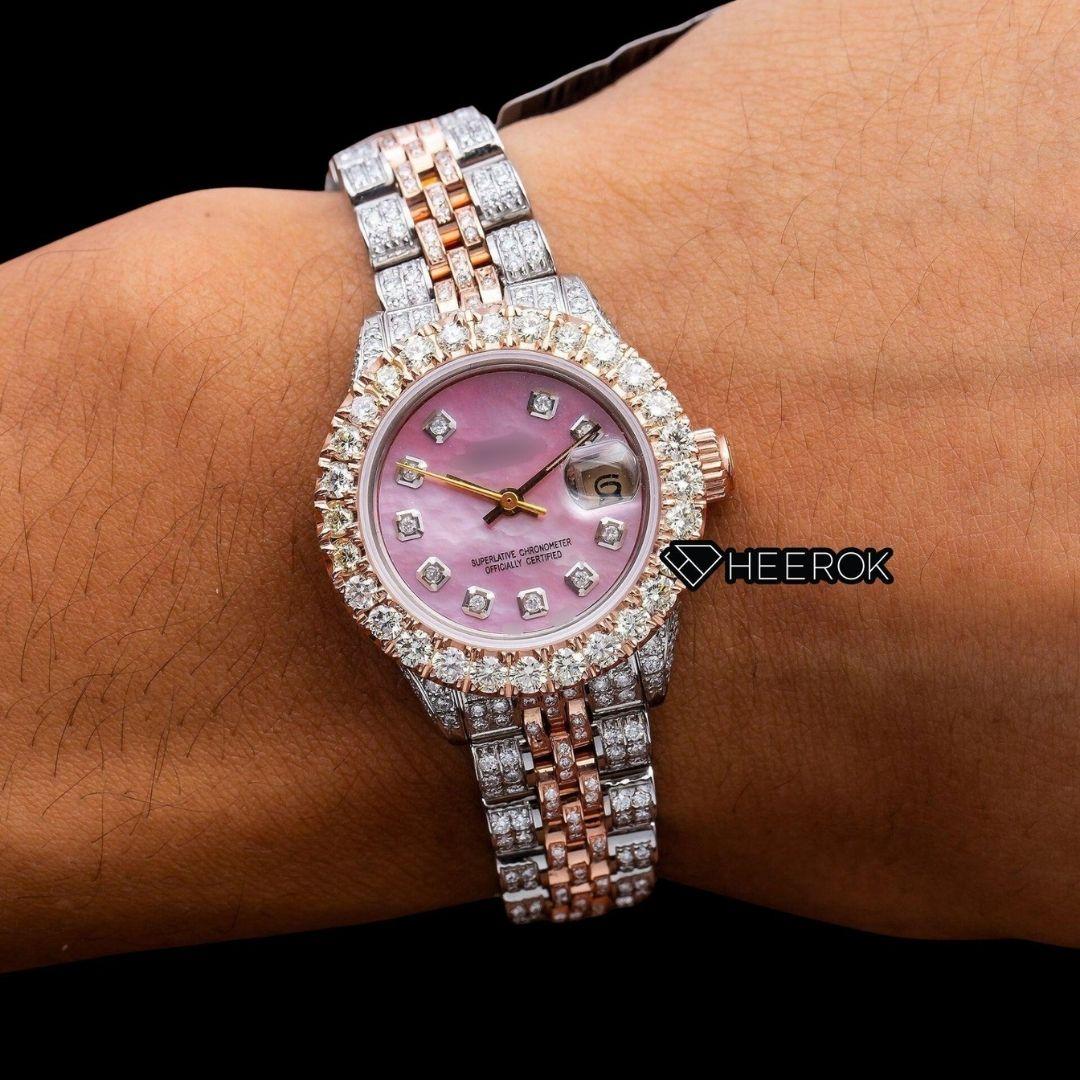 Rolex Datejust Pink Dial Diamond Markers Diamond Bezel Two Tone Rose Gold Fully Iced Moissanite Diamond Jubilee Bracelet For Women