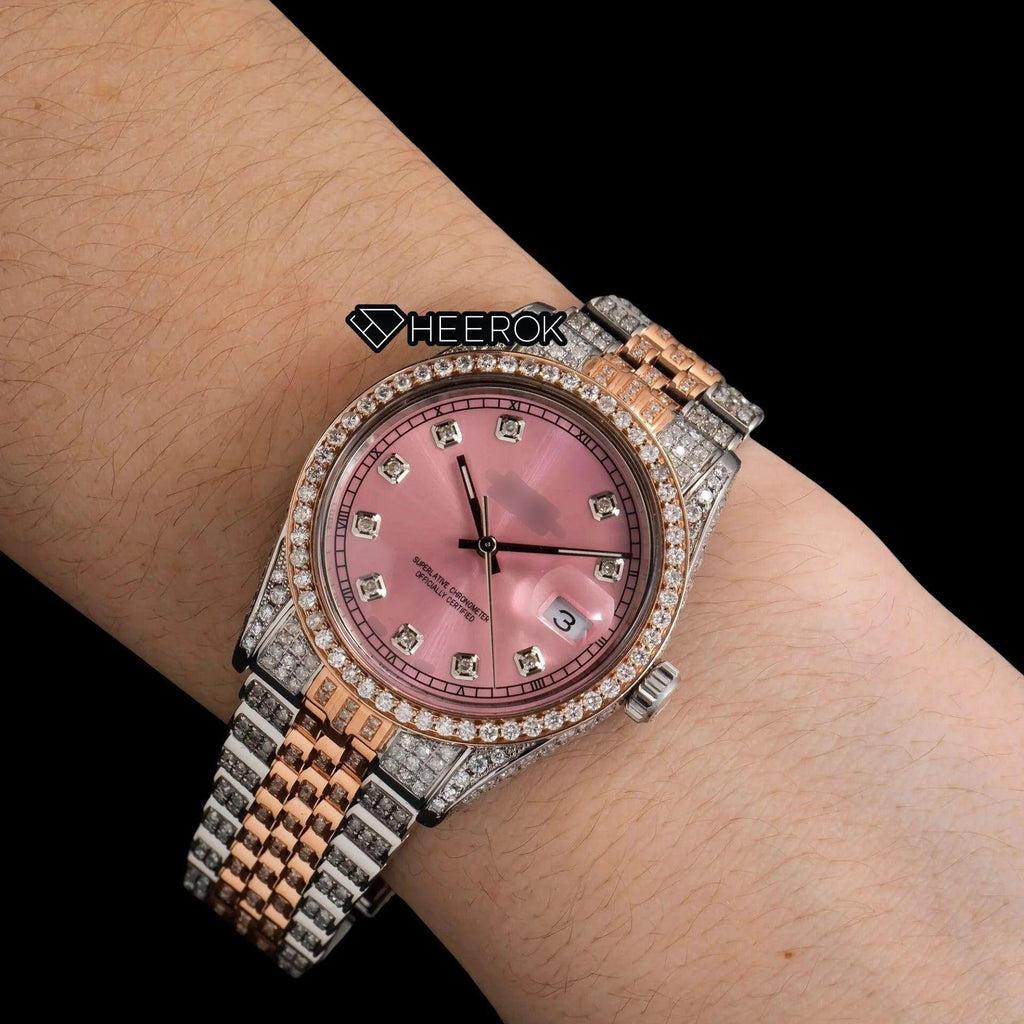 Rolex Datejust Pink Dial Diamond Markers Diamond Bezel Two Tone Rose Gold Moissanite Diamond Jubilee Bracelet For Women