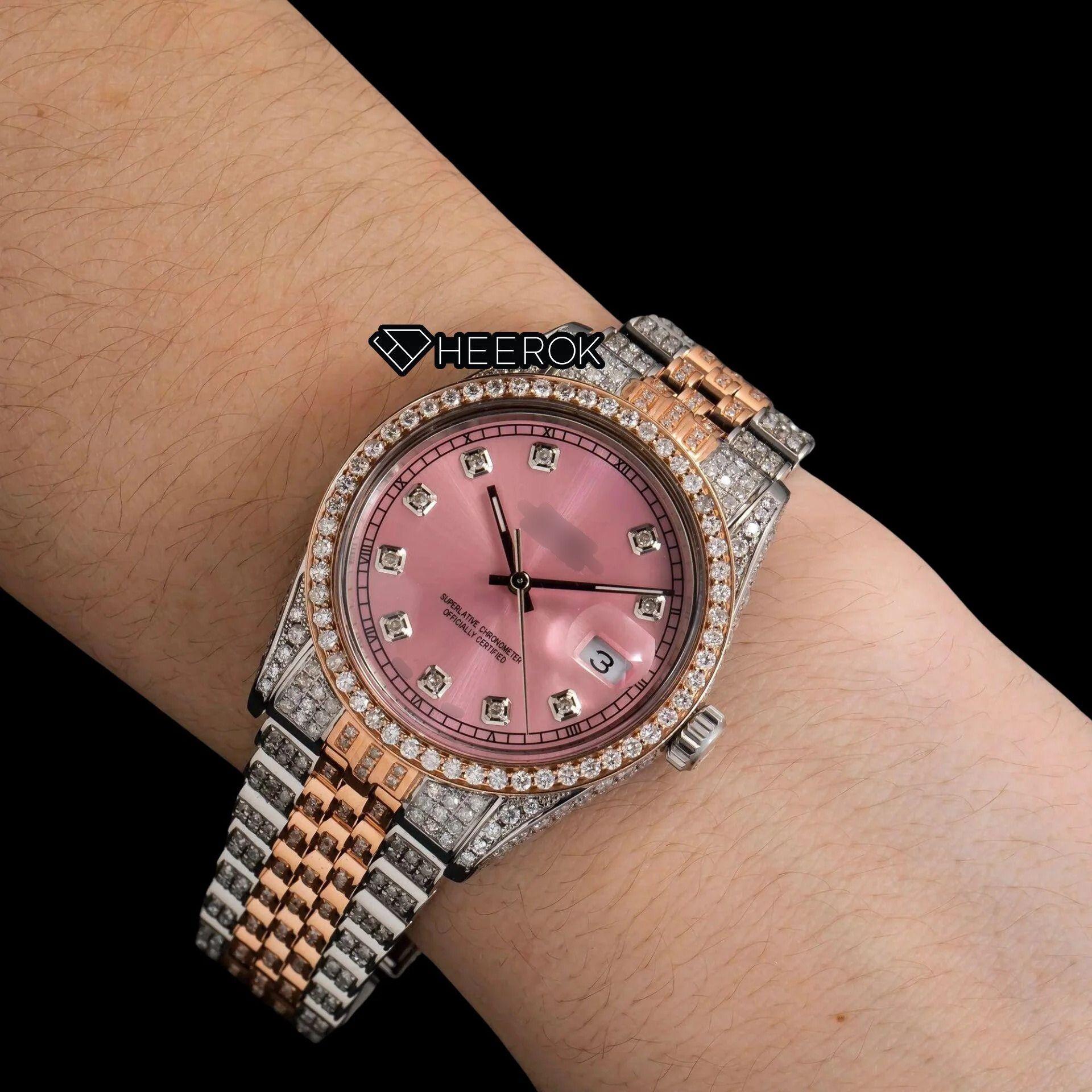 Rolex Datejust Pink Dial Diamond Markers Diamond Bezel Two Tone Rose Gold Moissanite Diamond Jubilee Bracelet For Women