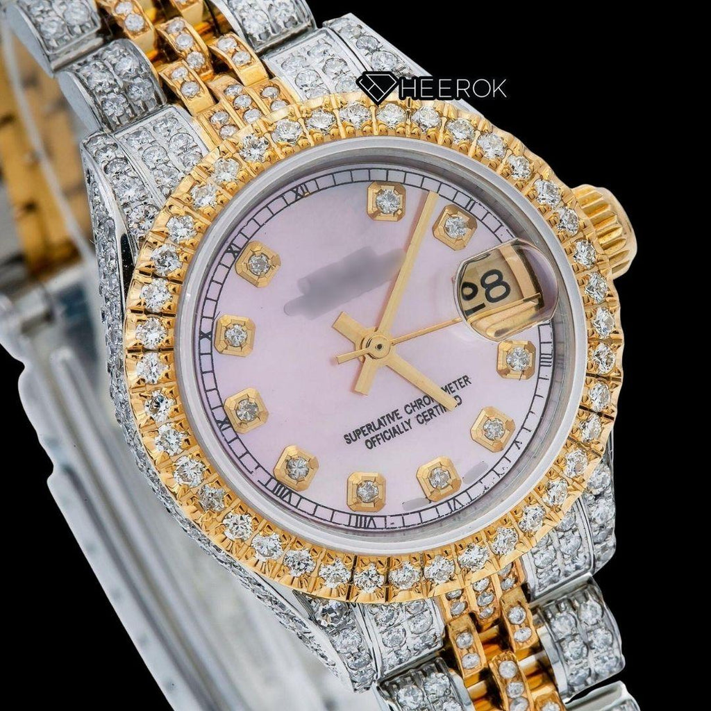 Rolex Datejust Pink Dial Diamond Markers Diamond Bezel Two Tone Yellow Gold Fully Iced Moissanite Diamond Jubilee Bracelet For Women