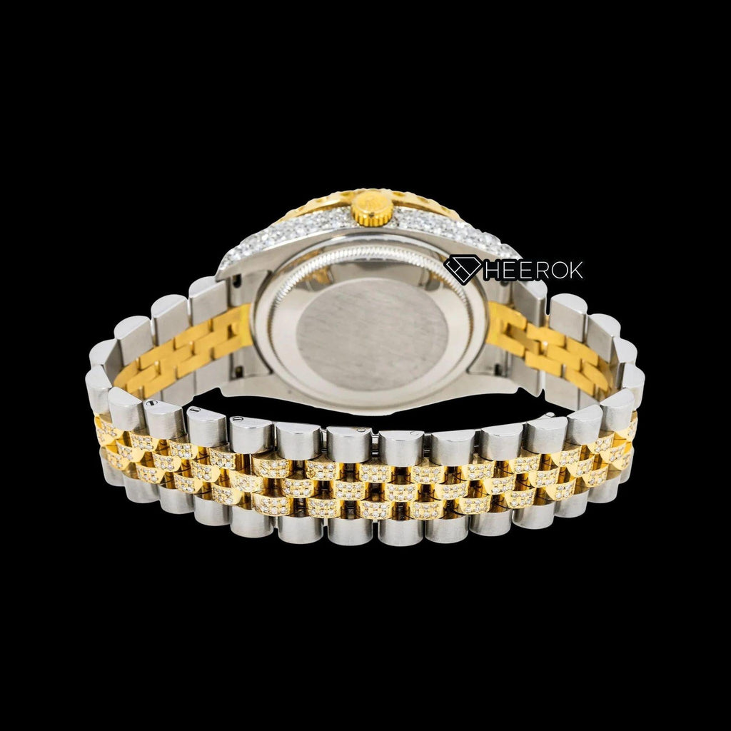Rolex Datejust Pink Floral Dial Diamond Markers Large Round Diamond Bezel Two Tone Yellow Gold Semi Iced Moissanite Diamond Jubilee Bracelet For Women