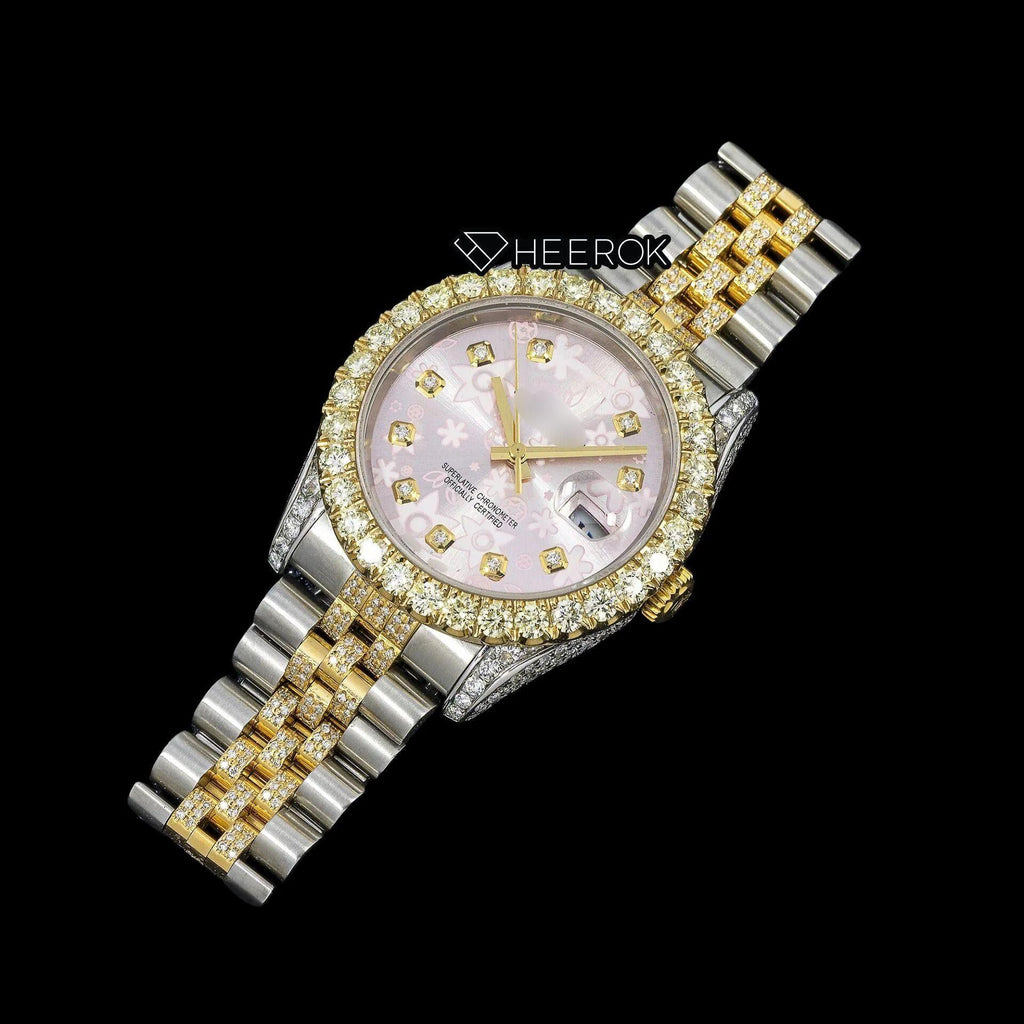 Rolex Datejust Pink Floral Dial Diamond Markers Large Round Diamond Bezel Two Tone Yellow Gold Semi Iced Moissanite Diamond Jubilee Bracelet For Women