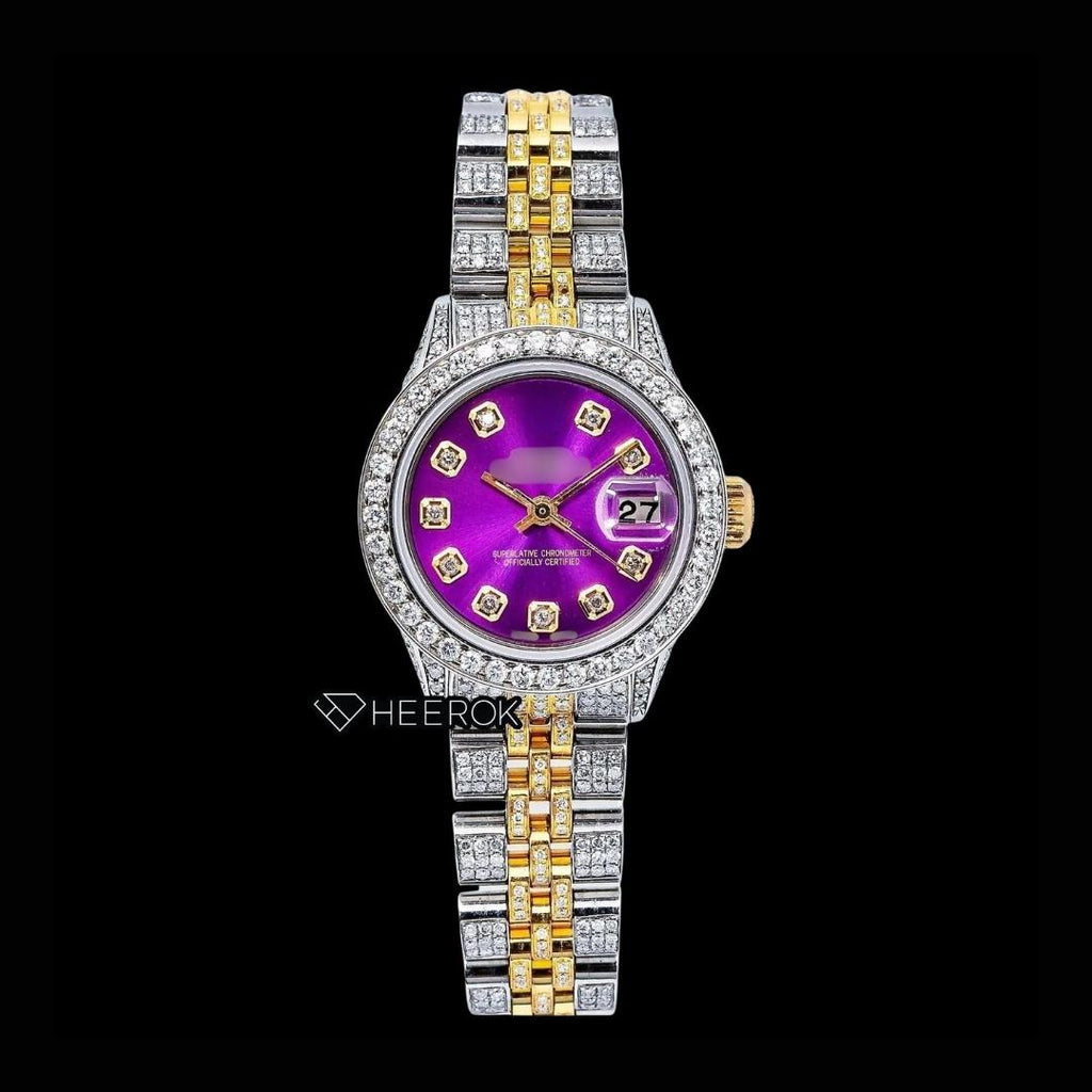 Rolex Datejust Purple Dial Diamond Markers Diamond Bezel Two Tone Yellow Gold Moissanite Diamond Jubilee Bracelet For Women