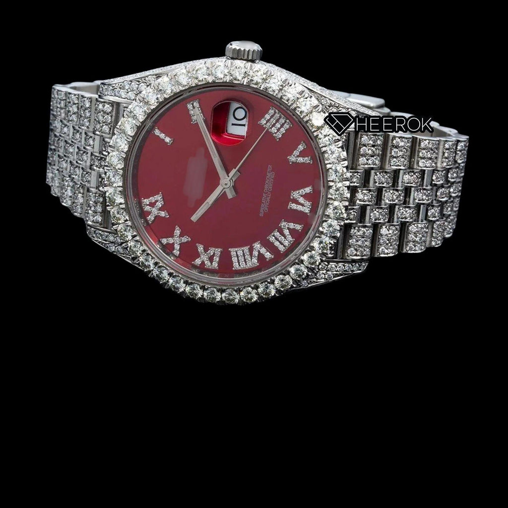 Rolex Datejust  Red Dial Roman Diamond Numerals Diamond Bezel Fully Iced Moissanite Diamond Jubilee Bracelet Watch
