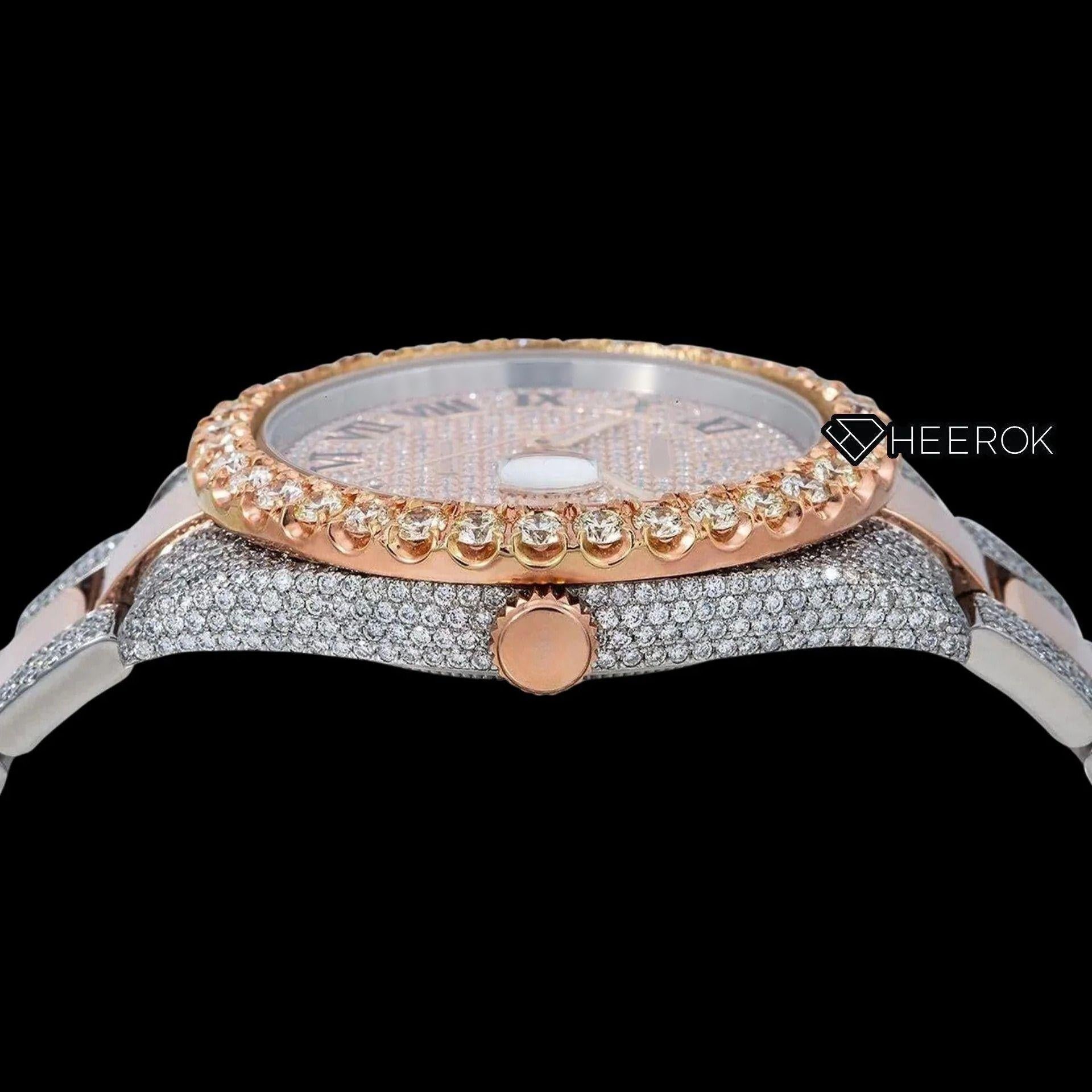 Rolex Datejust Rose Gold Full Paved Dial Roman Numerals Diamond Bezel Two Tone Rose Gold Semi Iced Moissanite Diamond Oyster Bracelet
