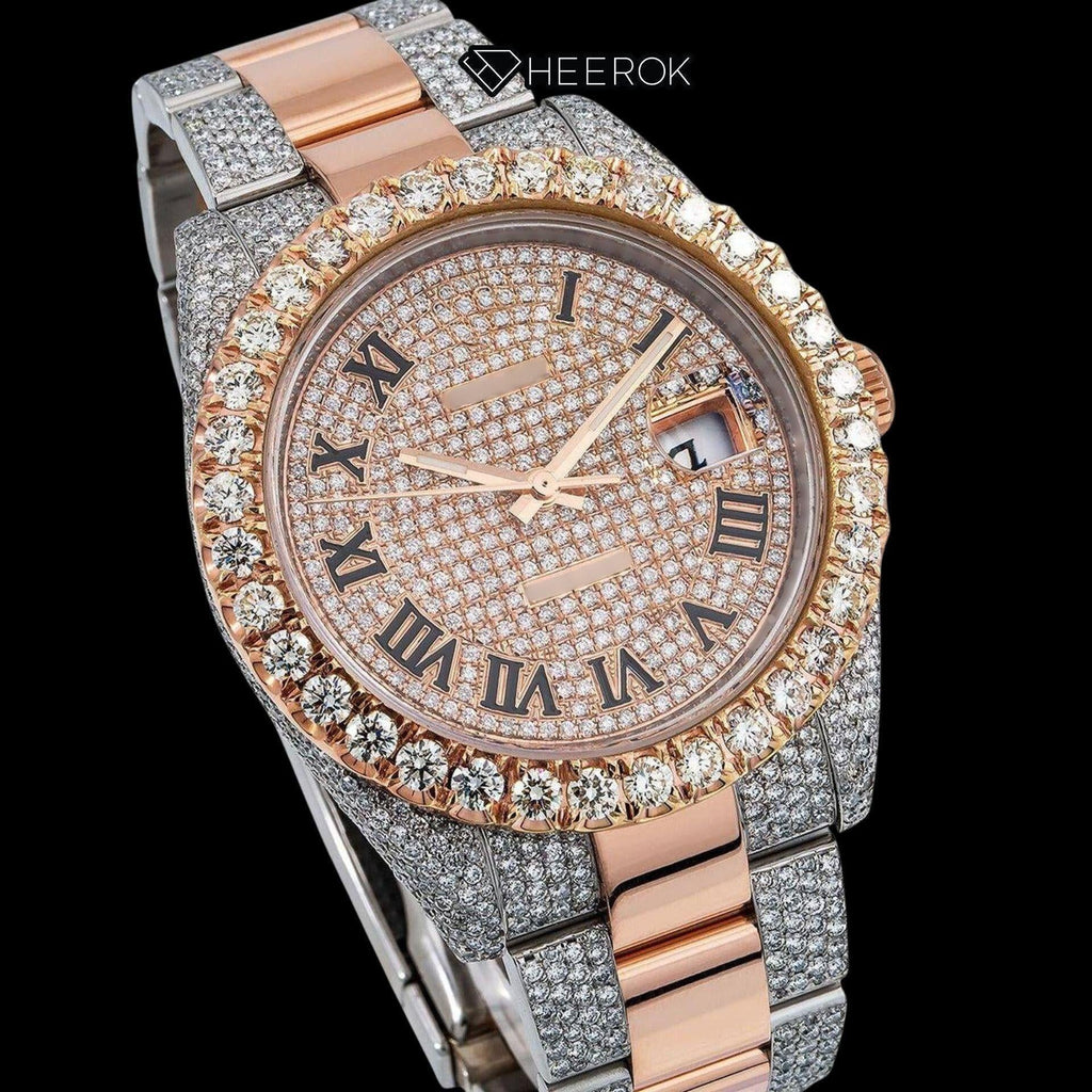Rolex Datejust Rose Gold Full Paved Dial Roman Numerals Diamond Bezel Two Tone Rose Gold Semi Iced Moissanite Diamond Oyster Bracelet