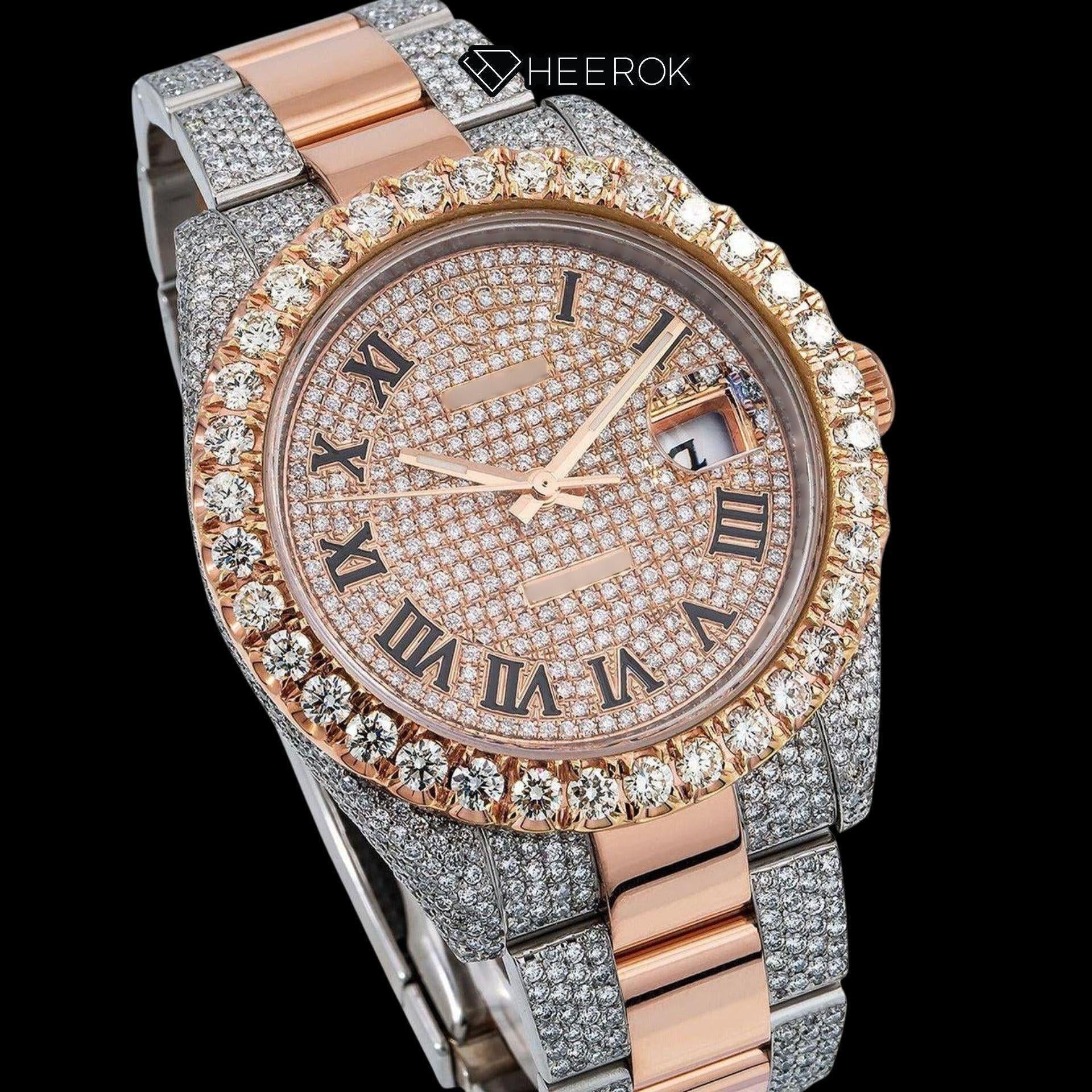 Rolex Datejust Rose Gold Full Paved Dial Roman Numerals Diamond Bezel Two Tone Rose Gold Semi Iced Moissanite Diamond Oyster Bracelet