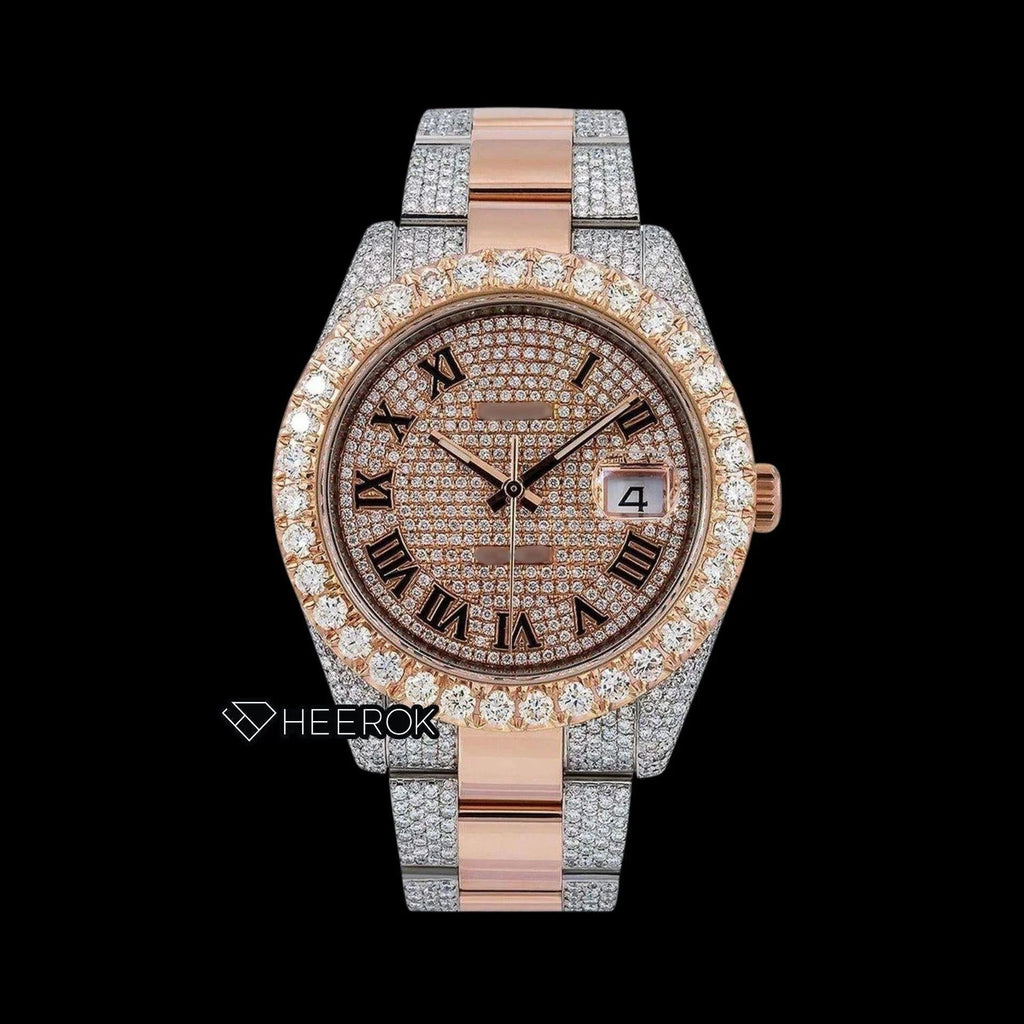 Rolex Datejust Rose Gold Full Paved Dial Roman Numerals Diamond Bezel Two Tone Rose Gold Semi Iced Moissanite Diamond Oyster Bracelet