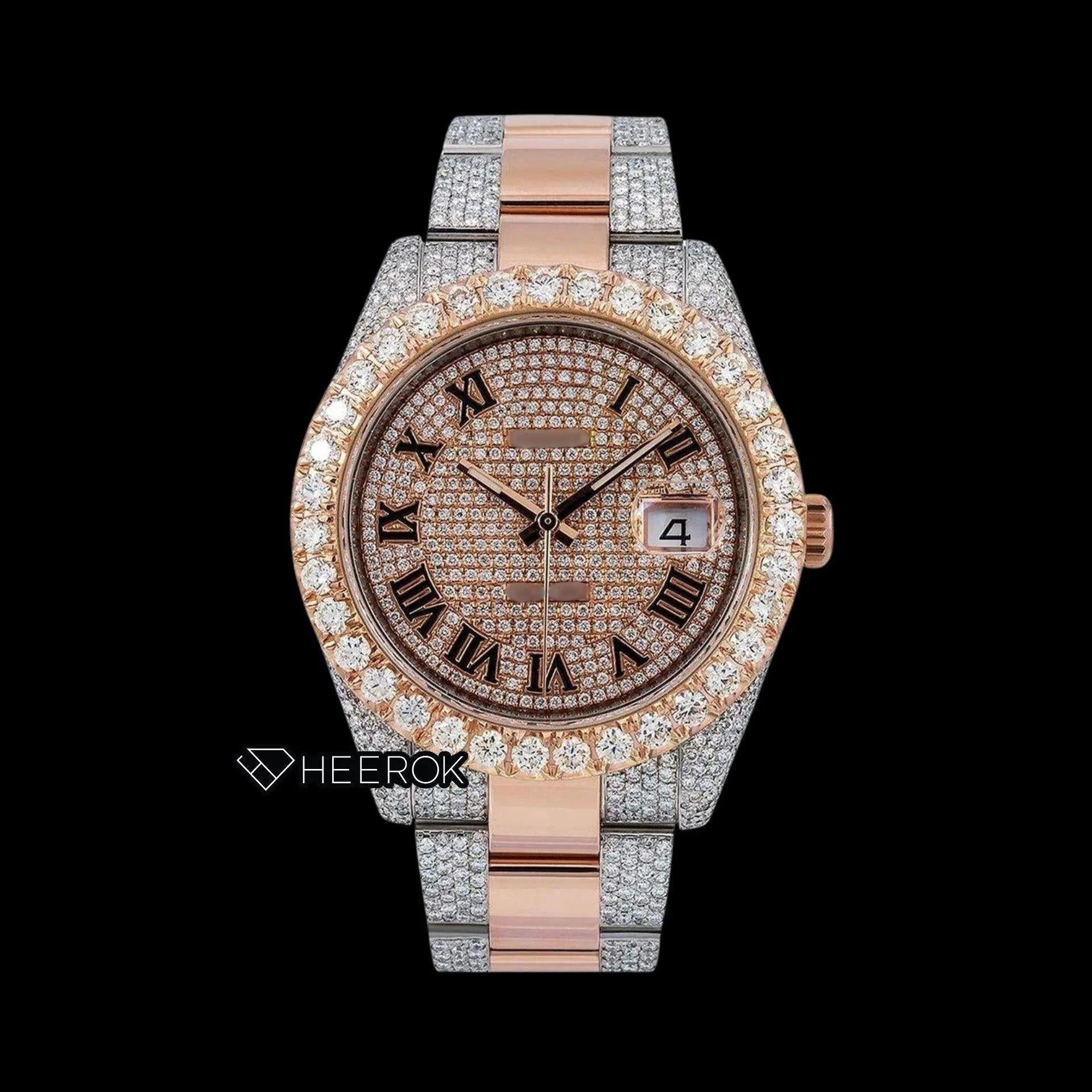 Rolex Datejust Rose Gold Full Paved Dial Roman Numerals Diamond Bezel Two Tone Rose Gold Semi Iced Moissanite Diamond Oyster Bracelet