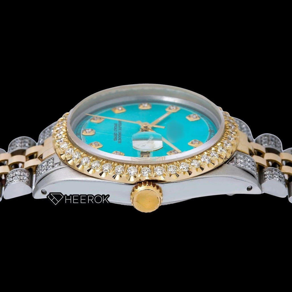 Rolex Datejust Tiffany Blue Dial Diamond Markers Diamond Bezel Two Tone Yellow Gold Semi Iced Moissanite Diamond Jubilee Bracelet For Women