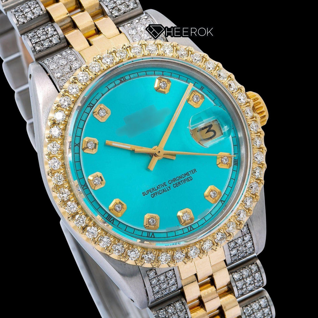 Rolex Datejust Tiffany Blue Dial Diamond Markers Diamond Bezel Two Tone Yellow Gold Semi Iced Moissanite Diamond Jubilee Bracelet For Women