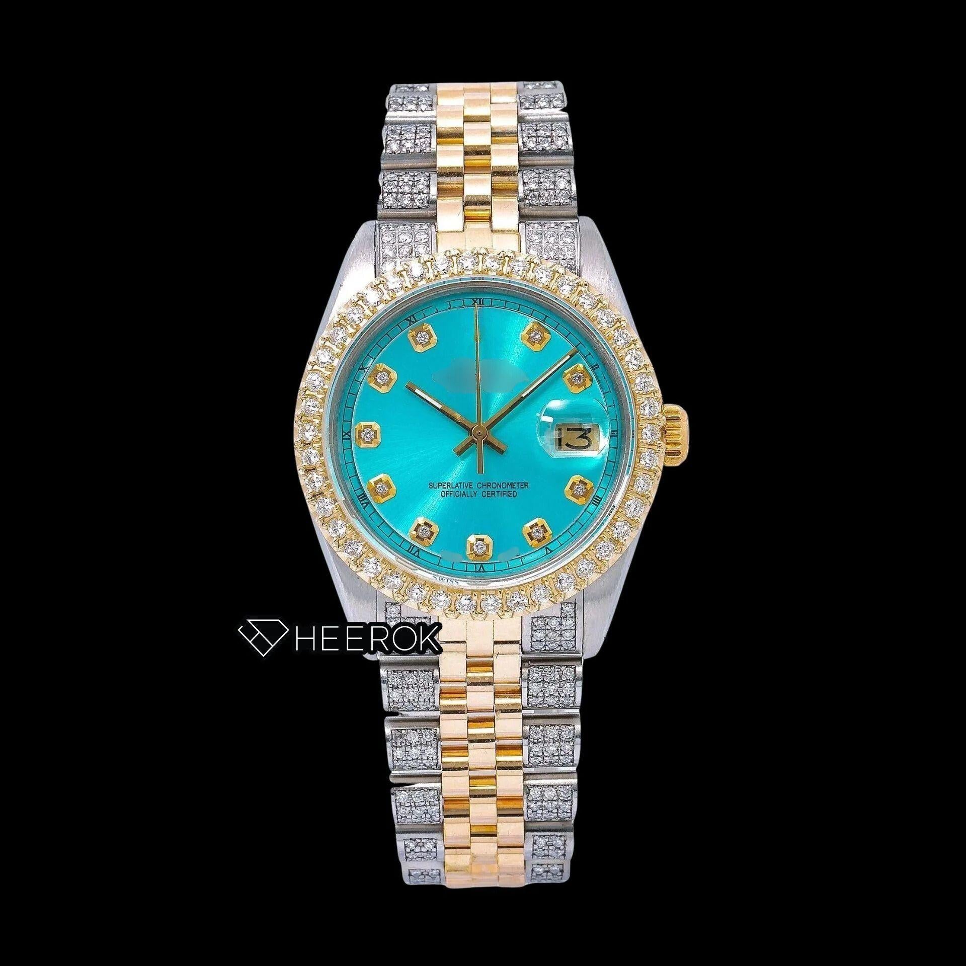 Rolex Datejust Tiffany Blue Dial Diamond Markers Diamond Bezel Two Tone Yellow Gold Semi Iced Moissanite Diamond Jubilee Bracelet For Women