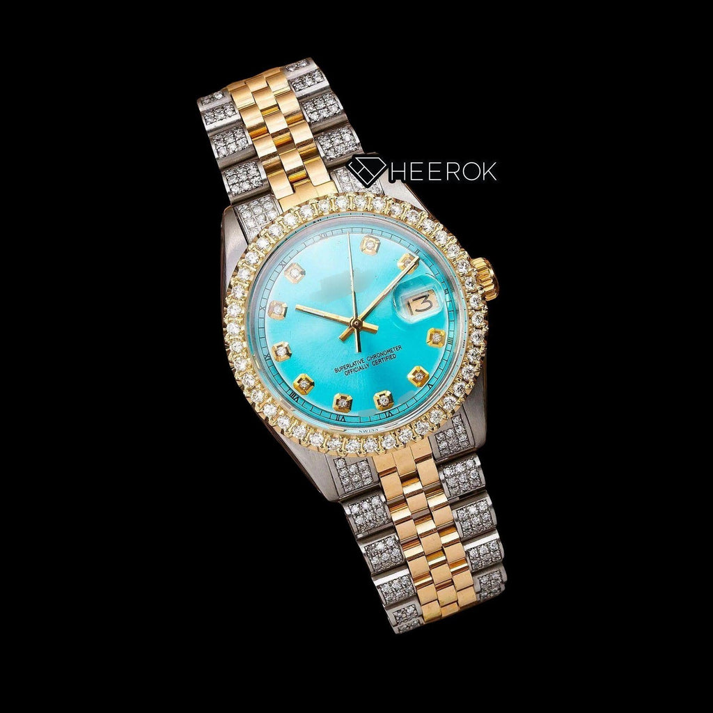 Rolex Datejust Tiffany Blue Dial Diamond Markers Diamond Bezel Two Tone Yellow Gold Semi Iced Moissanite Diamond Jubilee Bracelet For Women