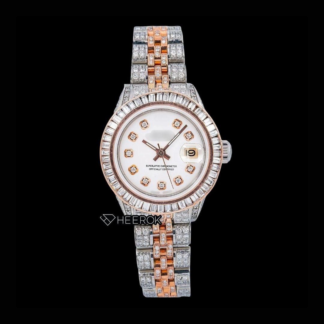 Rolex Datejust White Dial Diamond Markers Baguette Diamond Bezel Two Tone Rose Gold Moissanite Diamond Jubilee Bracelet For Women