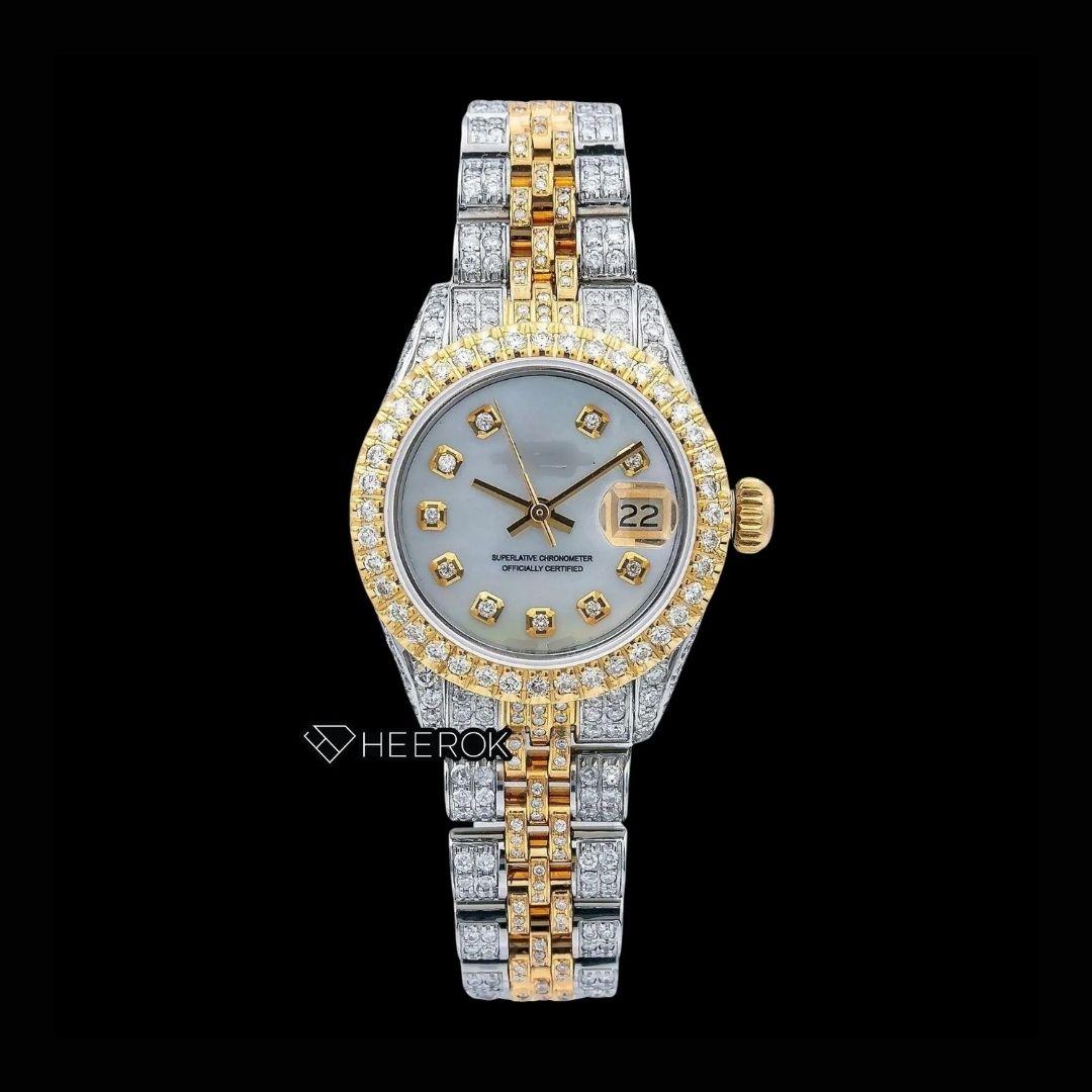 Rolex Datejust White Dial Diamond Markers Diamond Bezel Two Tone Yellow Gold Fully Iced Moissanite Diamond Jubilee Bracelet For Women