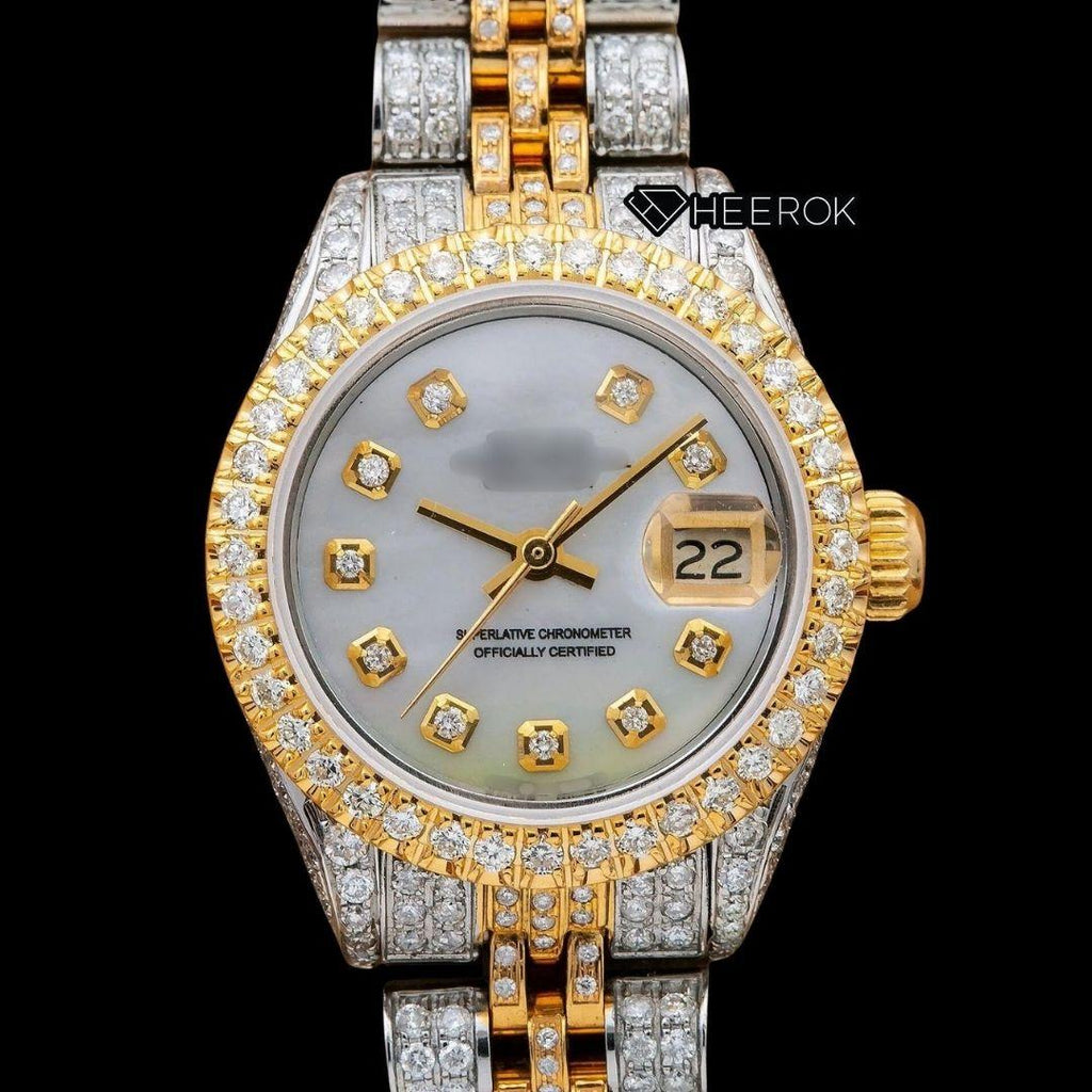 Rolex Datejust White Dial Diamond Markers Diamond Bezel Two Tone Yellow Gold Fully Iced Moissanite Diamond Jubilee Bracelet For Women