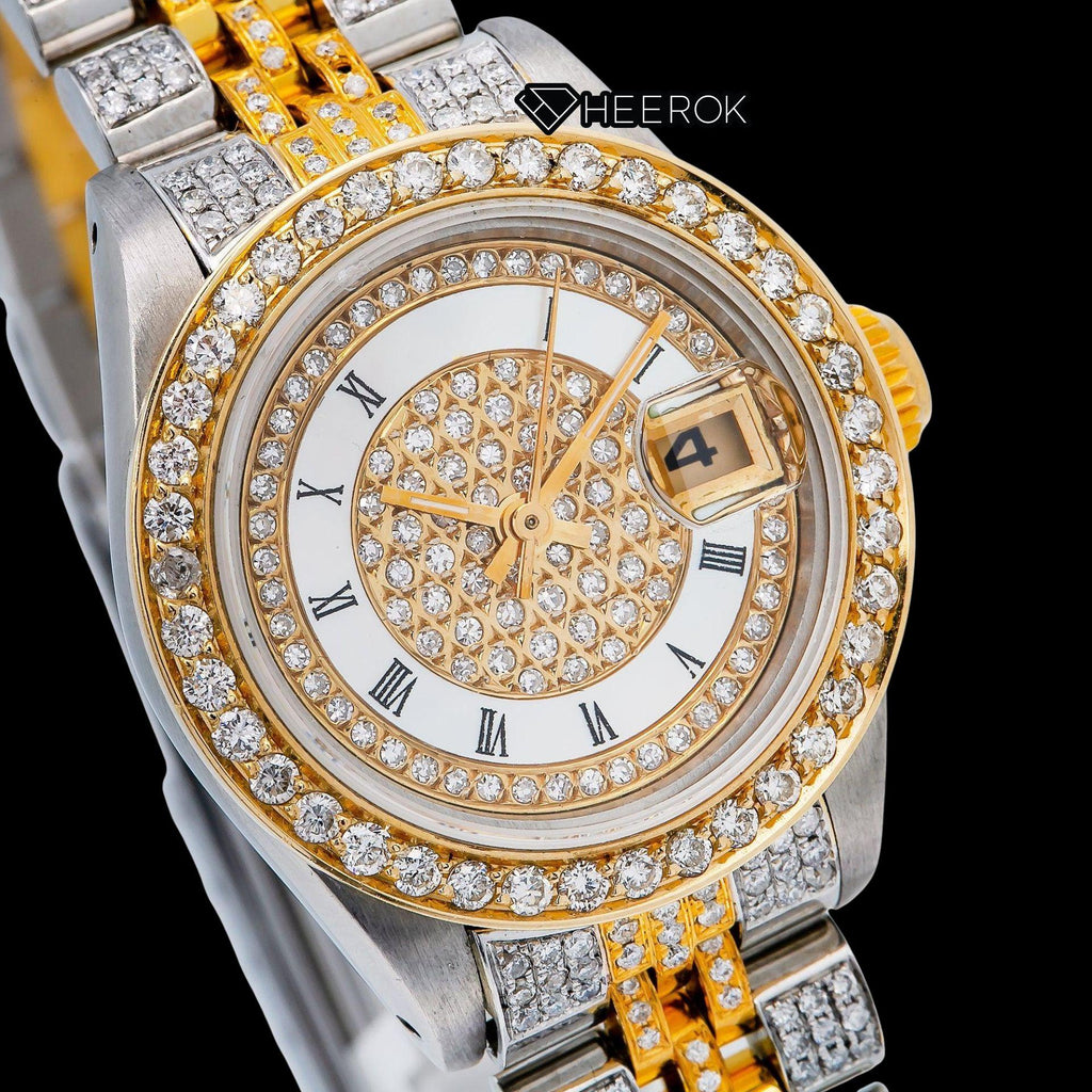 Rolex Datejust White Dial Roman Numerals Inner Pave Diamond Bezel Two Tone Yellow Gold Moissanite Diamond Jubilee Bracelet For Women