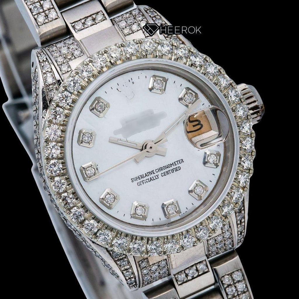 Rolex Datejust White Mother of Pearl Dial Diamond Markers Diamond Bezel Moissanite Diamond Oyster Bracelet For Women