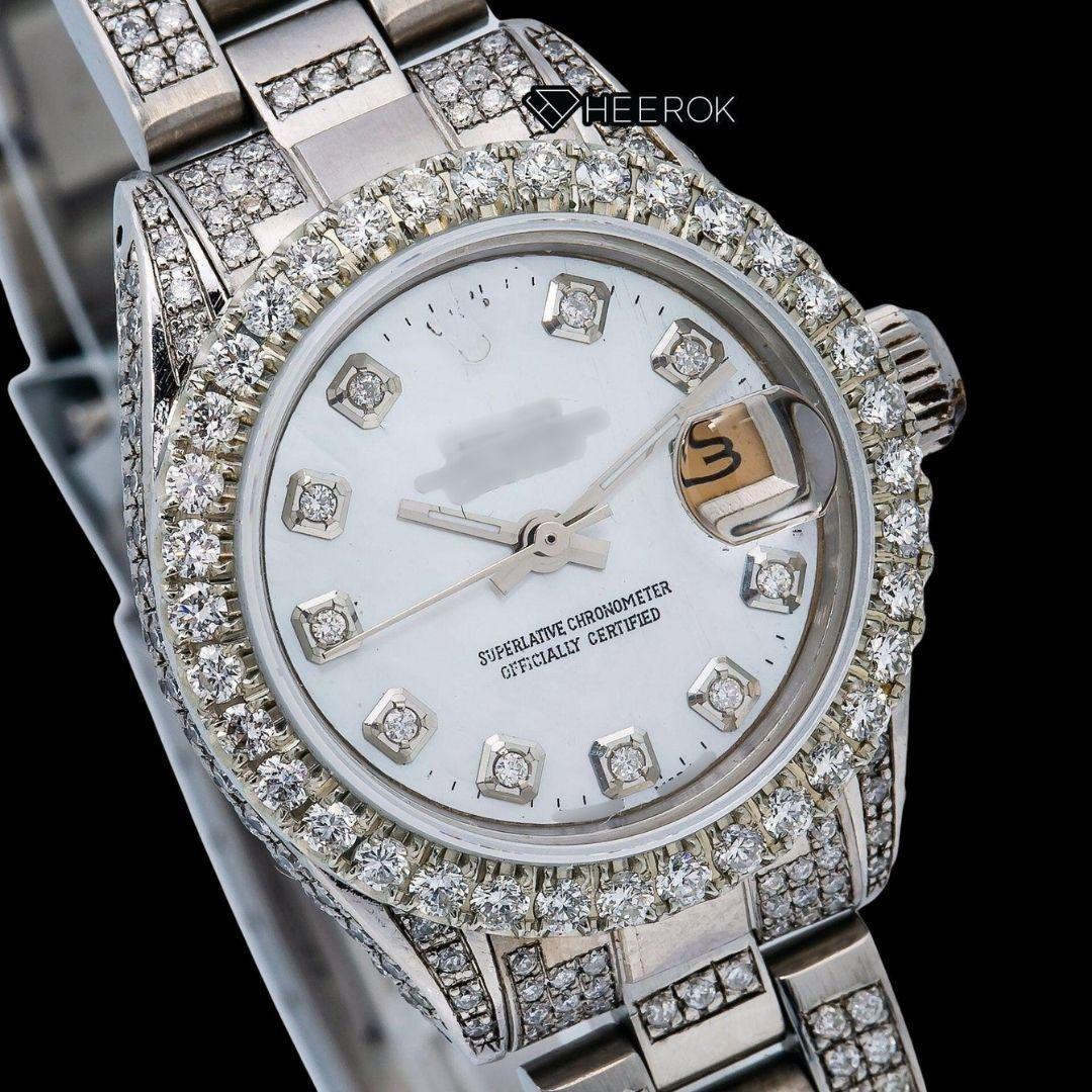 Rolex Datejust White Mother of Pearl Dial Diamond Markers Diamond Bezel Moissanite Diamond Oyster Bracelet For Women