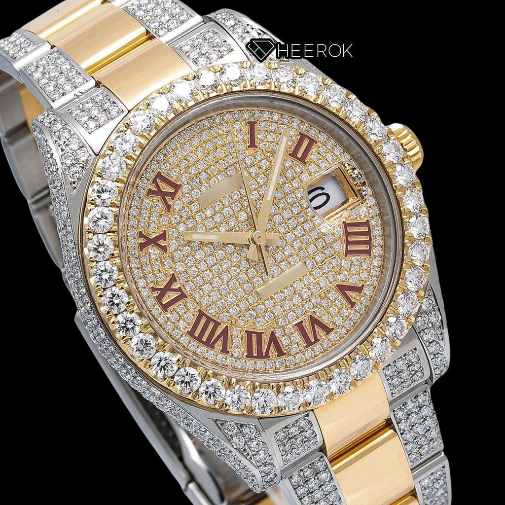 Rolex Datejust Diamond Paved Dial Red Roman Numerals Diamond Bezel Two Tone Yellow Gold Semi Iced Moissanite Diamond Oyster Bracelet
