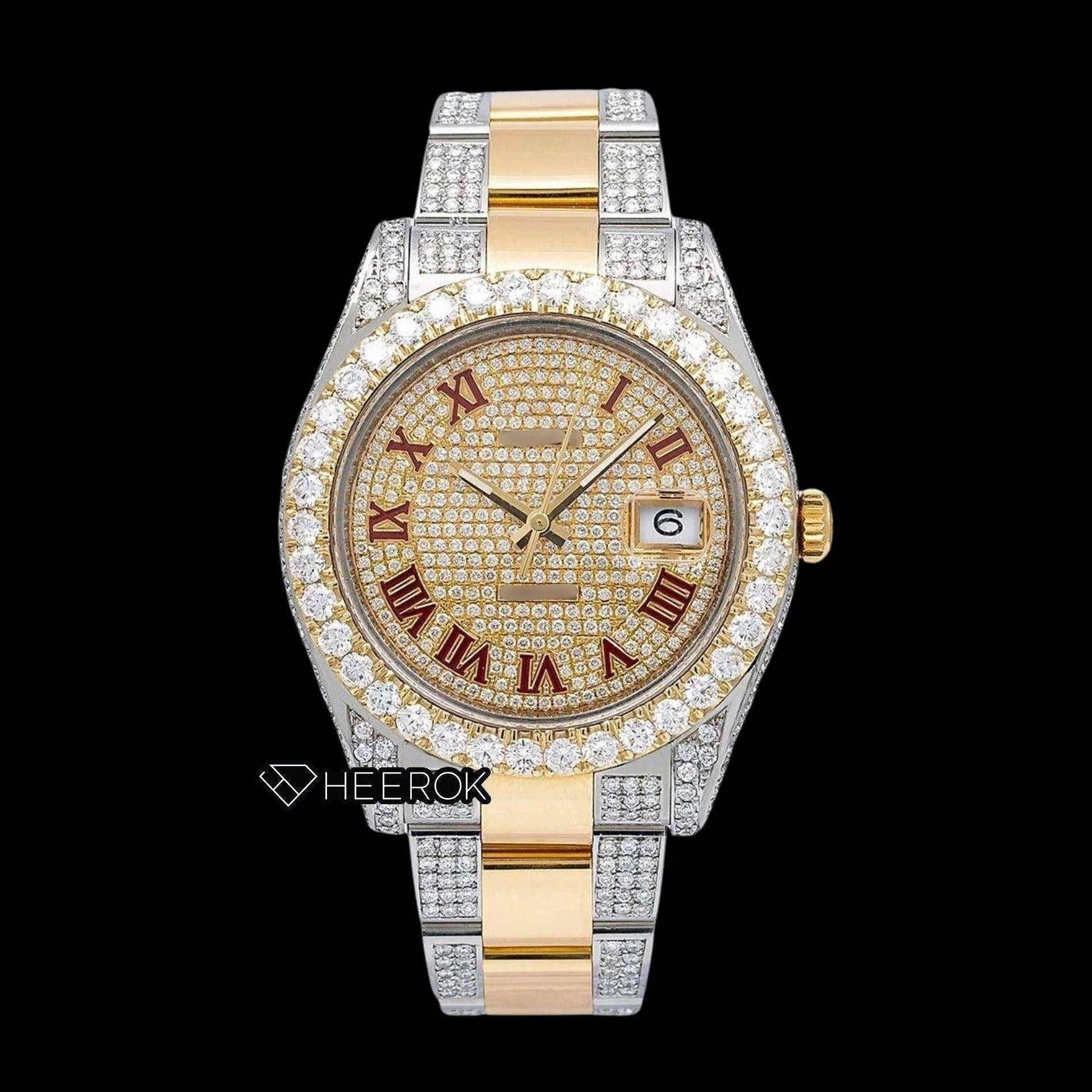 Rolex Datejust Diamond Paved Dial Red Roman Numerals Diamond Bezel Two Tone Yellow Gold Semi Iced Moissanite Diamond Oyster Bracelet