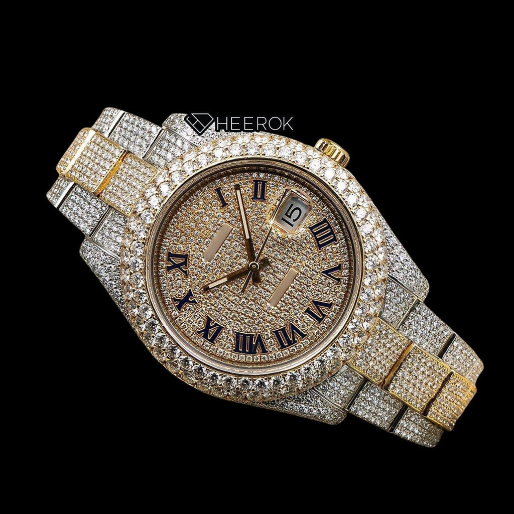 Rolex Datejust Yellow Gold Dial Roman Numerals Diamond Bezel Two Tone Yellow Gold Fully Iced Moissanite Diamond Oyster Bracelet