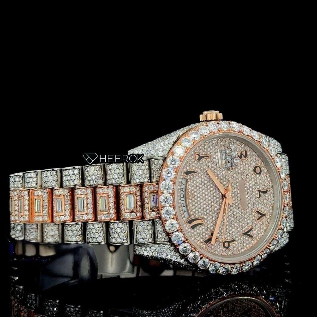 Rolex Day-Date Black Arabic Dial Diamond Bezel Two Tone Rose Gold Fully Iced Moissanite Diamond President Bracelet