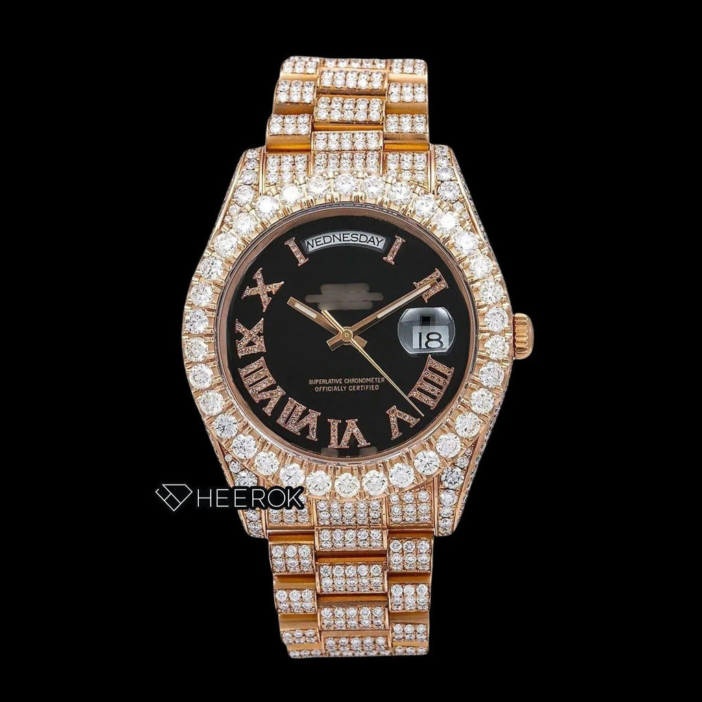 Rolex Day-Date Black Dial Roman Diamond Numerals Large Round Diamond Bezel Fully Iced Rose Gold Moissanite Diamond President Bracelet