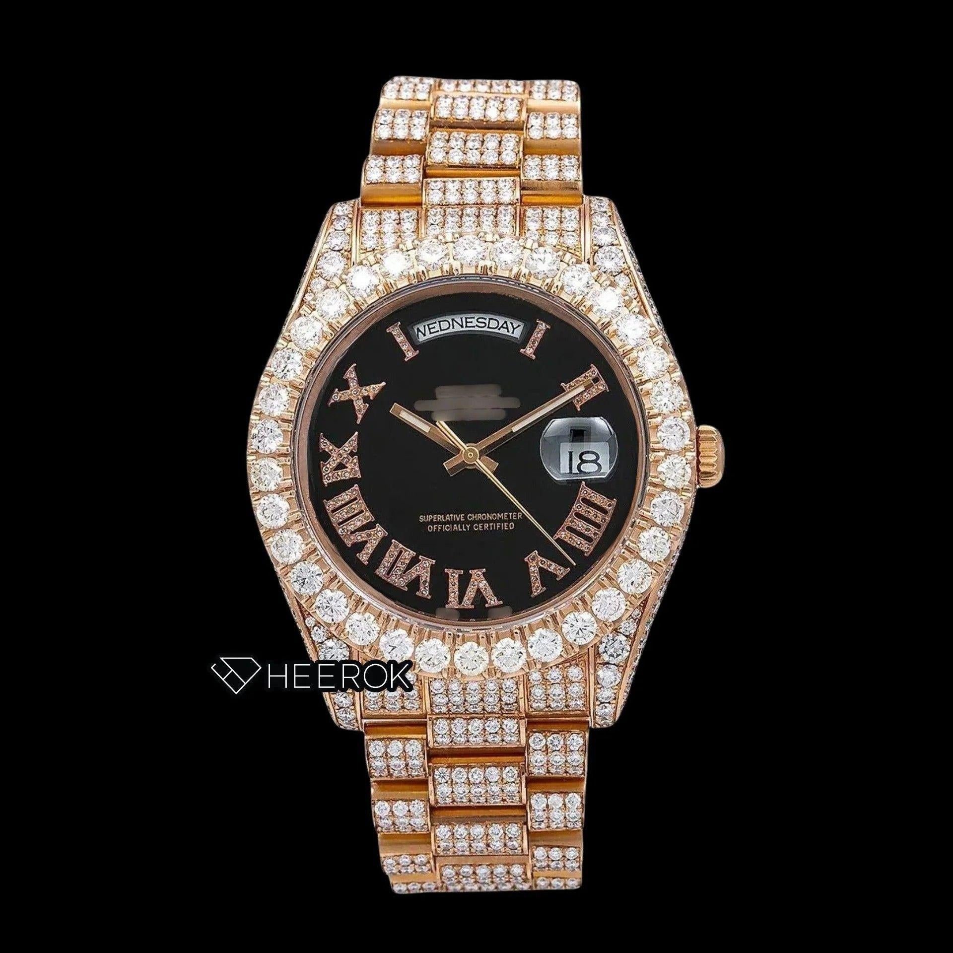Rolex Day-Date Black Dial Roman Diamond Numerals Large Round Diamond Bezel Fully Iced Rose Gold Moissanite Diamond President Bracelet