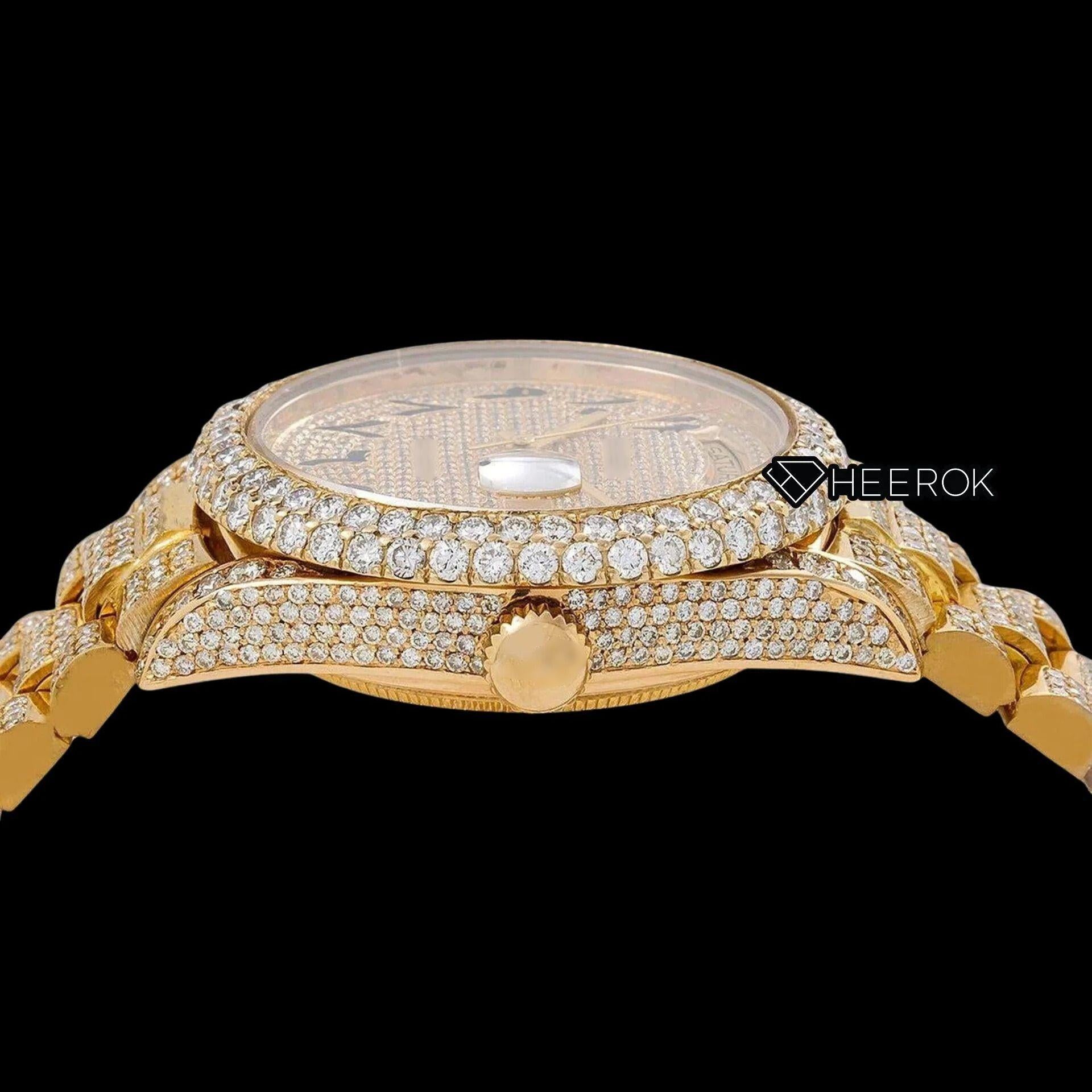 Rolex Day-Date Diamond Paved Yellow Dial Arabic Numerals Diamond Bezel Yellow Gold Fully Iced Moissanite Diamond President Bracelet For Women