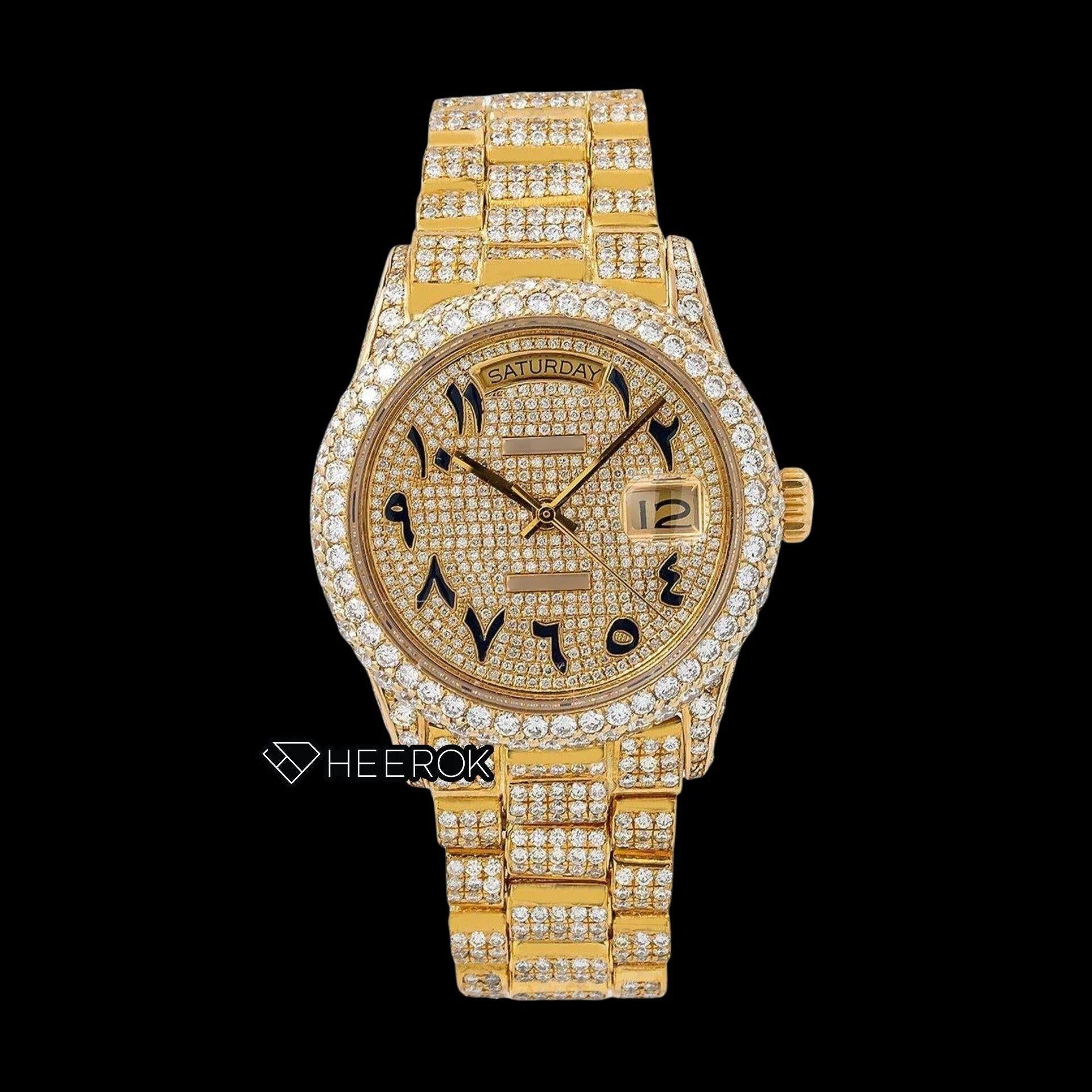 Rolex Day-Date Diamond Paved Yellow Dial Arabic Numerals Diamond Bezel Yellow Gold Fully Iced Moissanite Diamond President Bracelet For Women