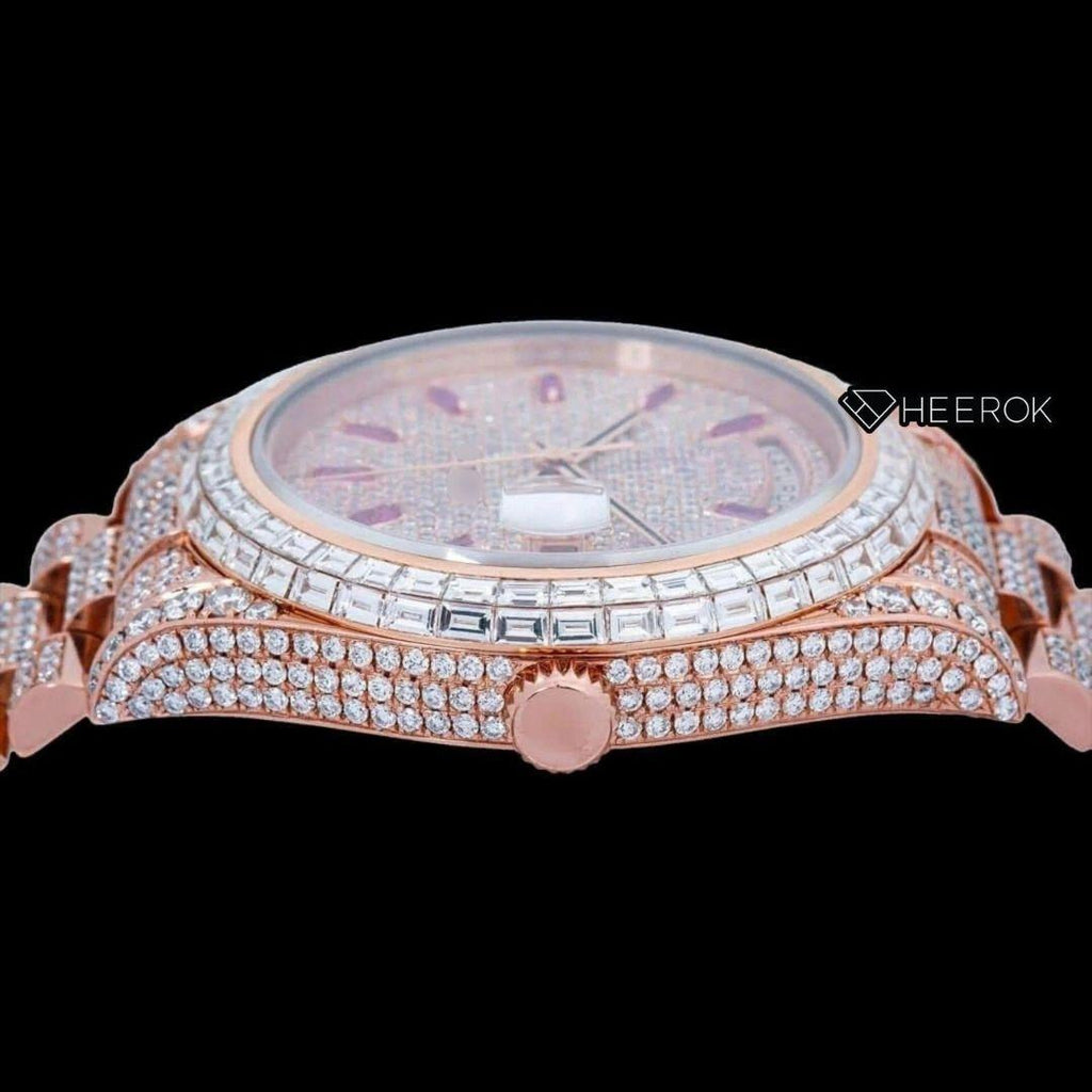 Rolex Day-Date Diamond Stick Markers Dial Baguette Diamond Bezel Rose Gold Moissanite Diamond President Bracelet For Women
