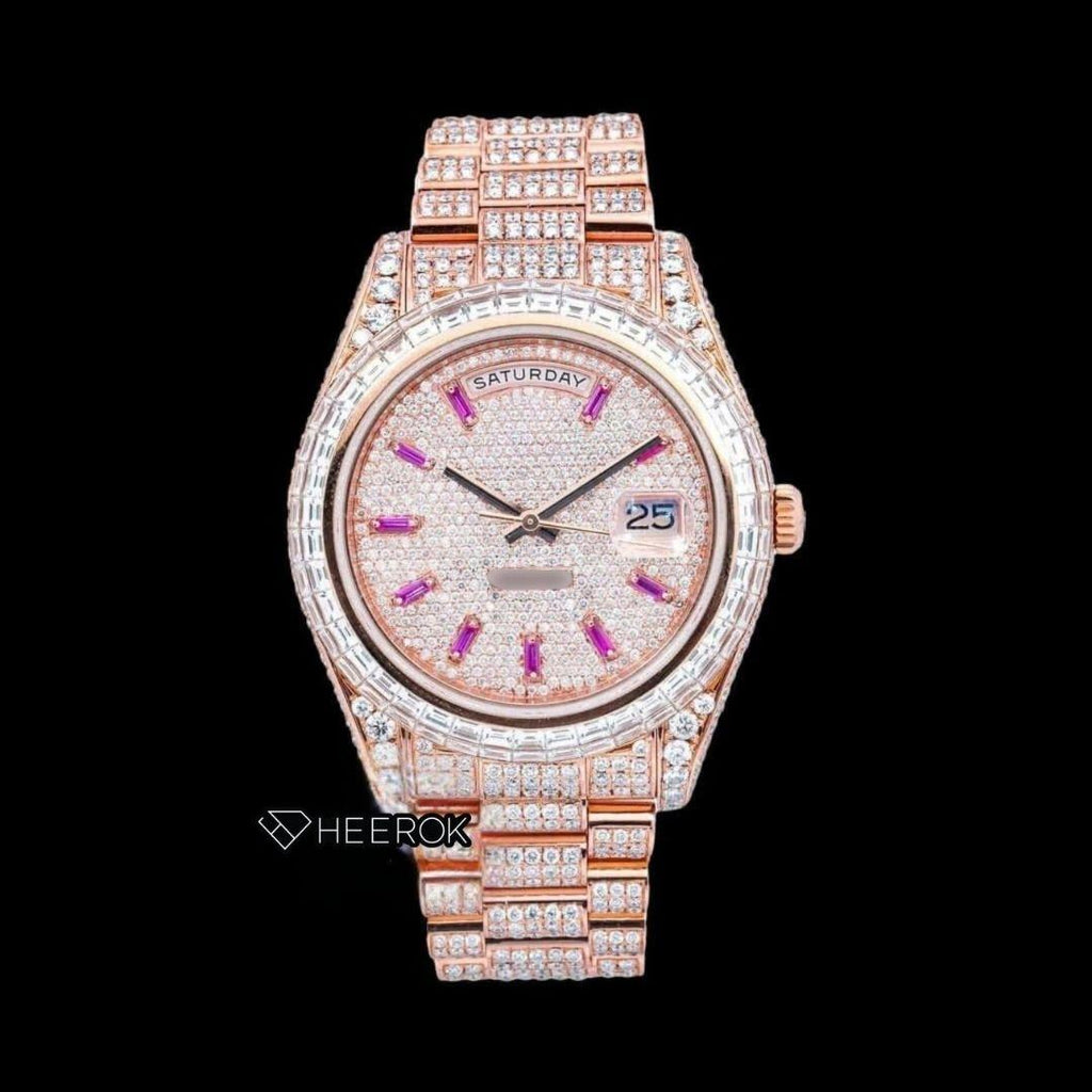 Rolex Day-Date Diamond Stick Markers Dial Baguette Diamond Bezel Rose Gold Moissanite Diamond President Bracelet For Women