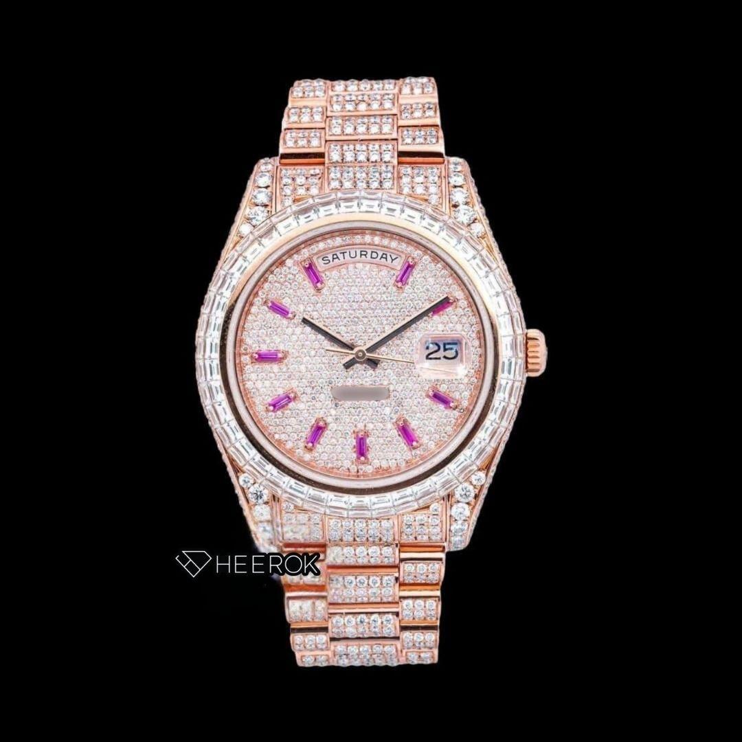 Rolex Day-Date Diamond Stick Markers Dial Baguette Diamond Bezel Rose Gold Moissanite Diamond President Bracelet For Women