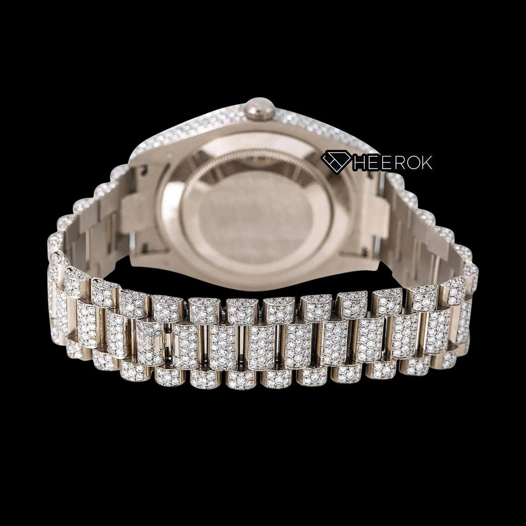 Rolex Day-Date Full Diamond Paved Dial Black Roman Numerals Diamond Bezel Fully Iced Out Moissanite Diamond President Bracelet