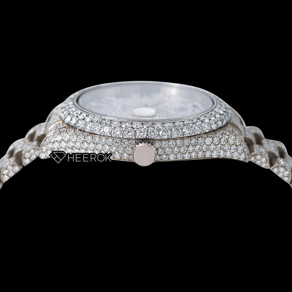 Rolex Day-Date Full Diamond Paved Dial Black Roman Numerals Diamond Bezel Fully Iced Out Moissanite Diamond President Bracelet