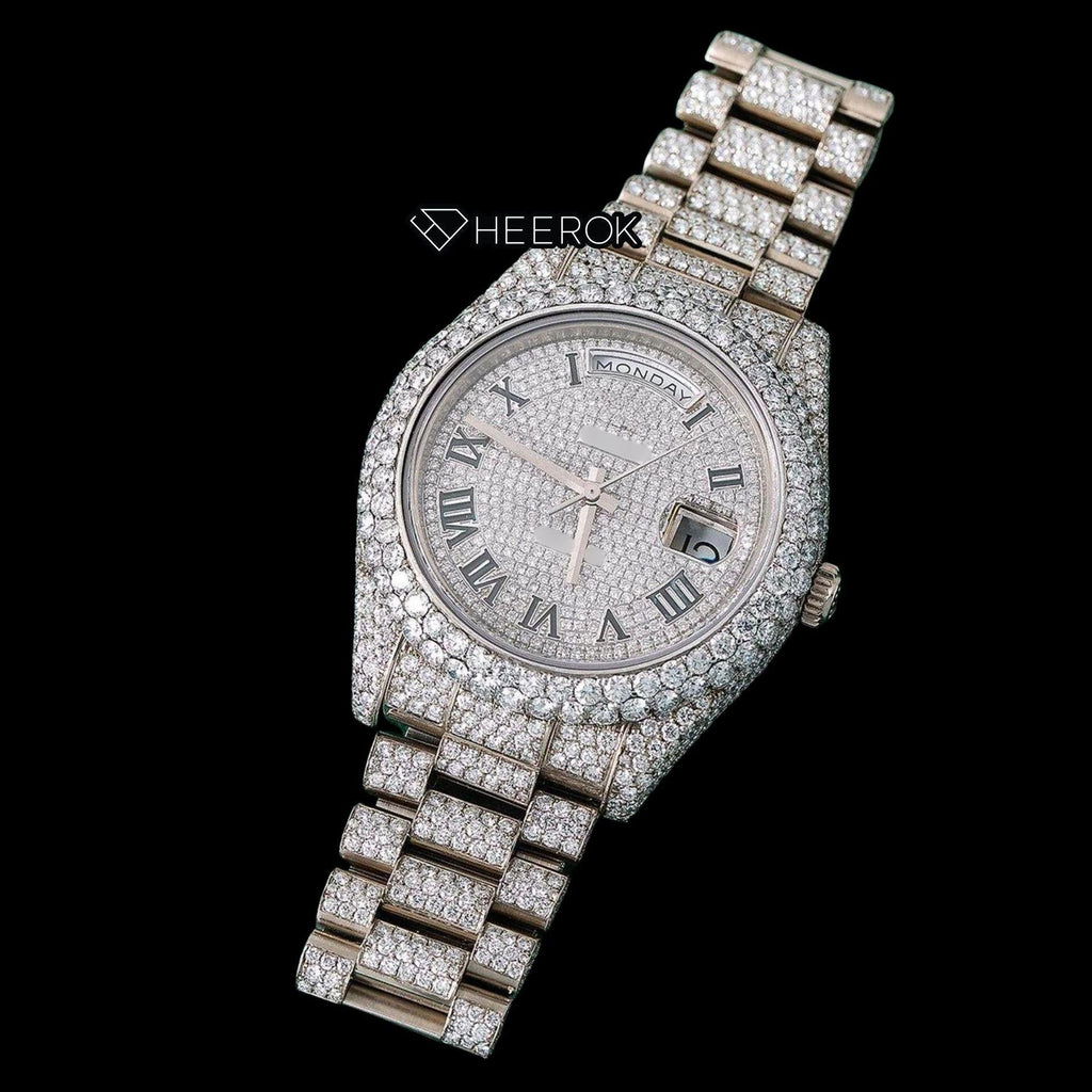 Rolex Day-Date Full Diamond Paved Dial Black Roman Numerals Diamond Bezel Fully Iced Out Moissanite Diamond President Bracelet