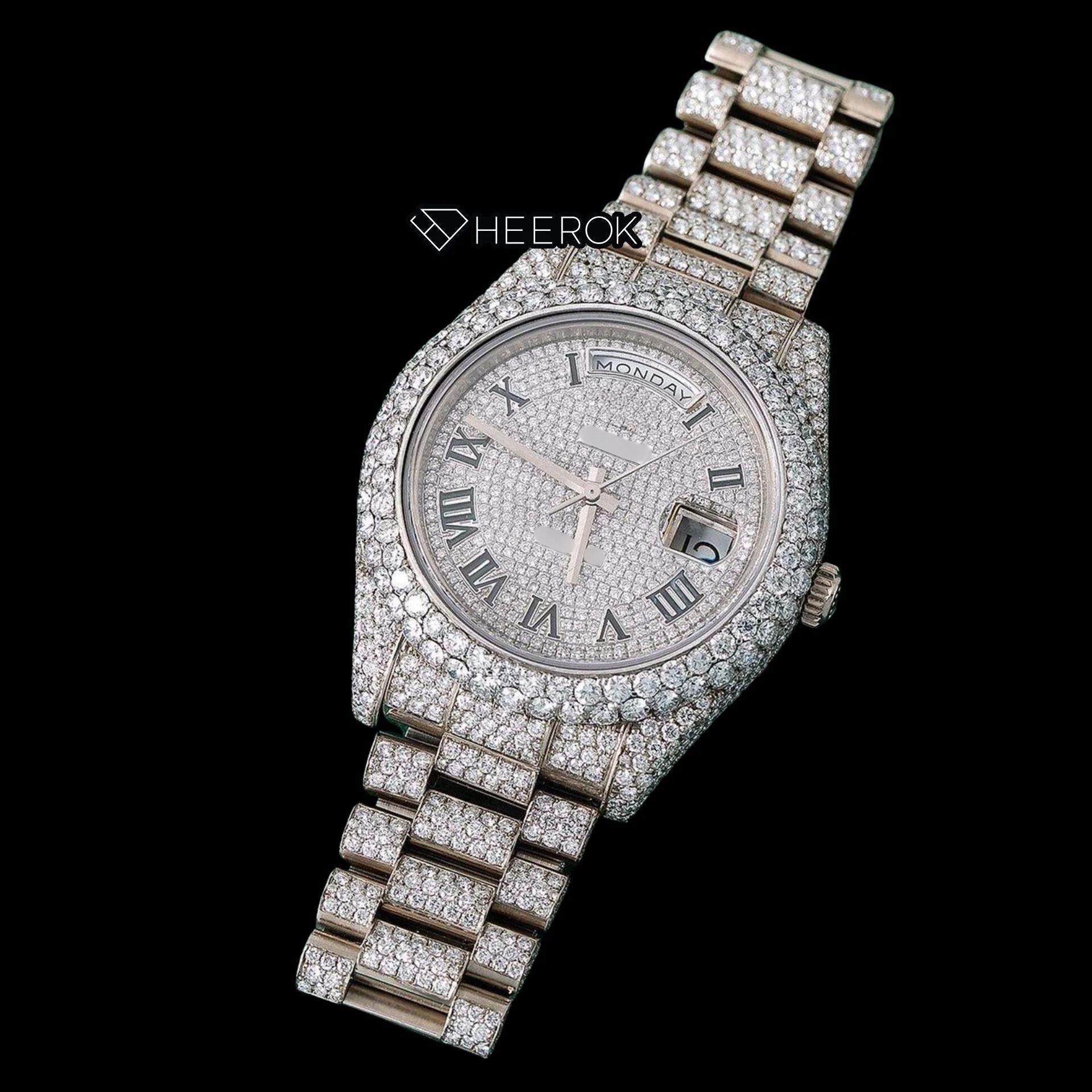 Rolex Day-Date Full Diamond Paved Dial Black Roman Numerals Diamond Bezel Fully Iced Out Moissanite Diamond President Bracelet