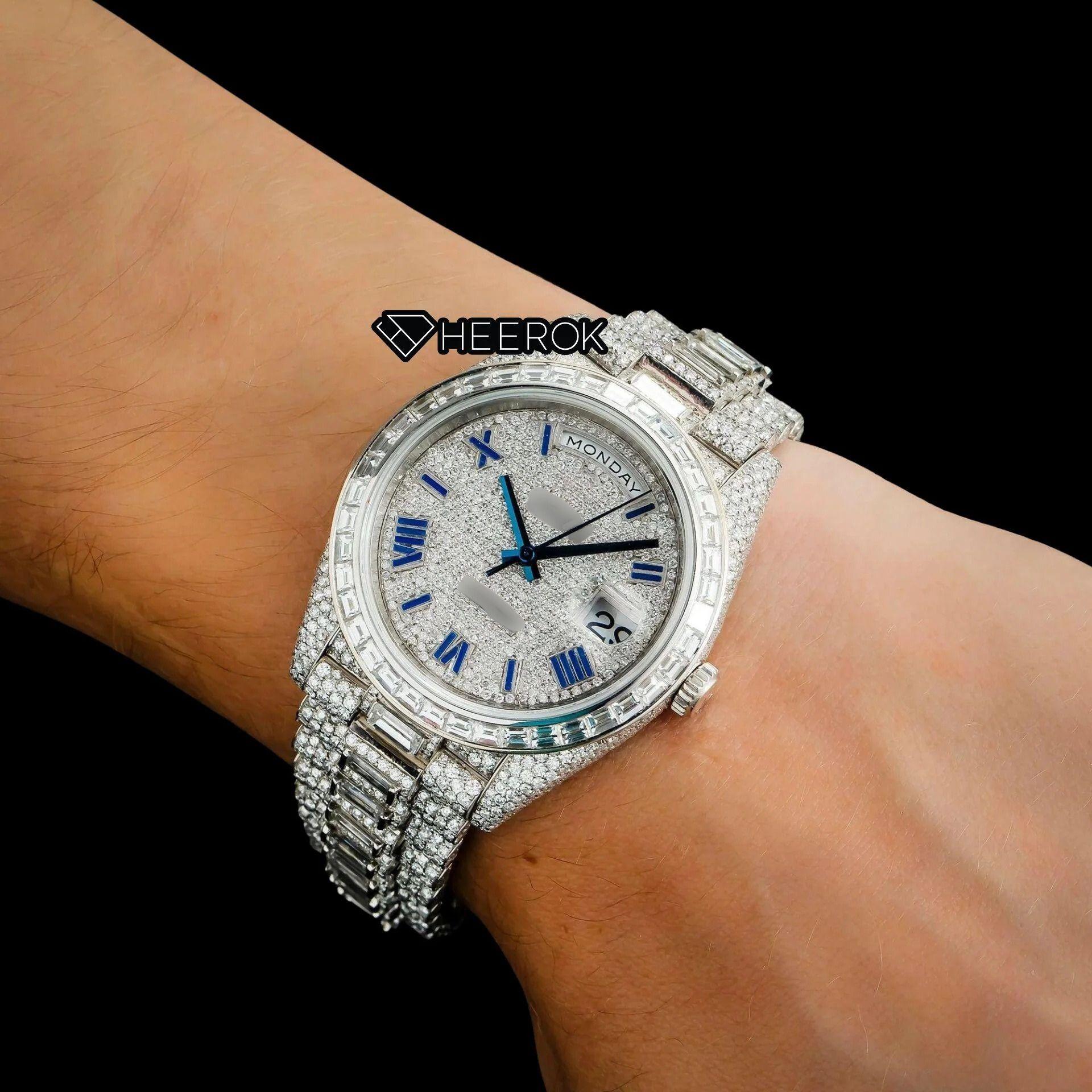 Rolex Day-Date Full Paved Dial Blue Roman Numerals Baguette Diamond Bezel Fully Iced Moissanite Diamond President Bracelet Watch