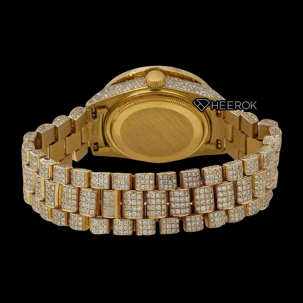 Rolex Day-Date Red Dial Roman Diamond Numerals Diamond Bezel Yellow Gold Fully Iced Moissanite Diamond President Bracelet For Women