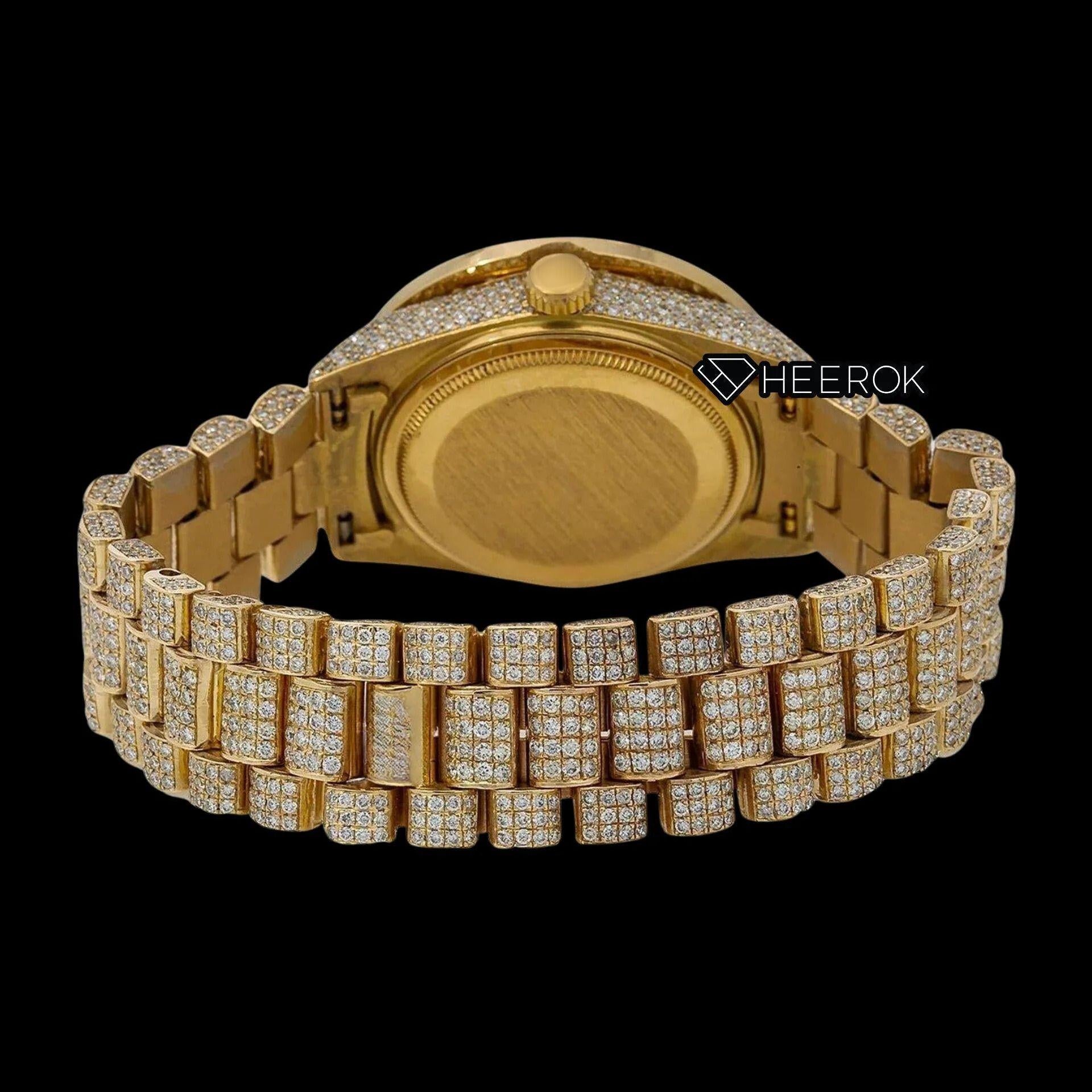 Rolex Day-Date Red Dial Roman Diamond Numerals Diamond Bezel Yellow Gold Fully Iced Moissanite Diamond President Bracelet For Women