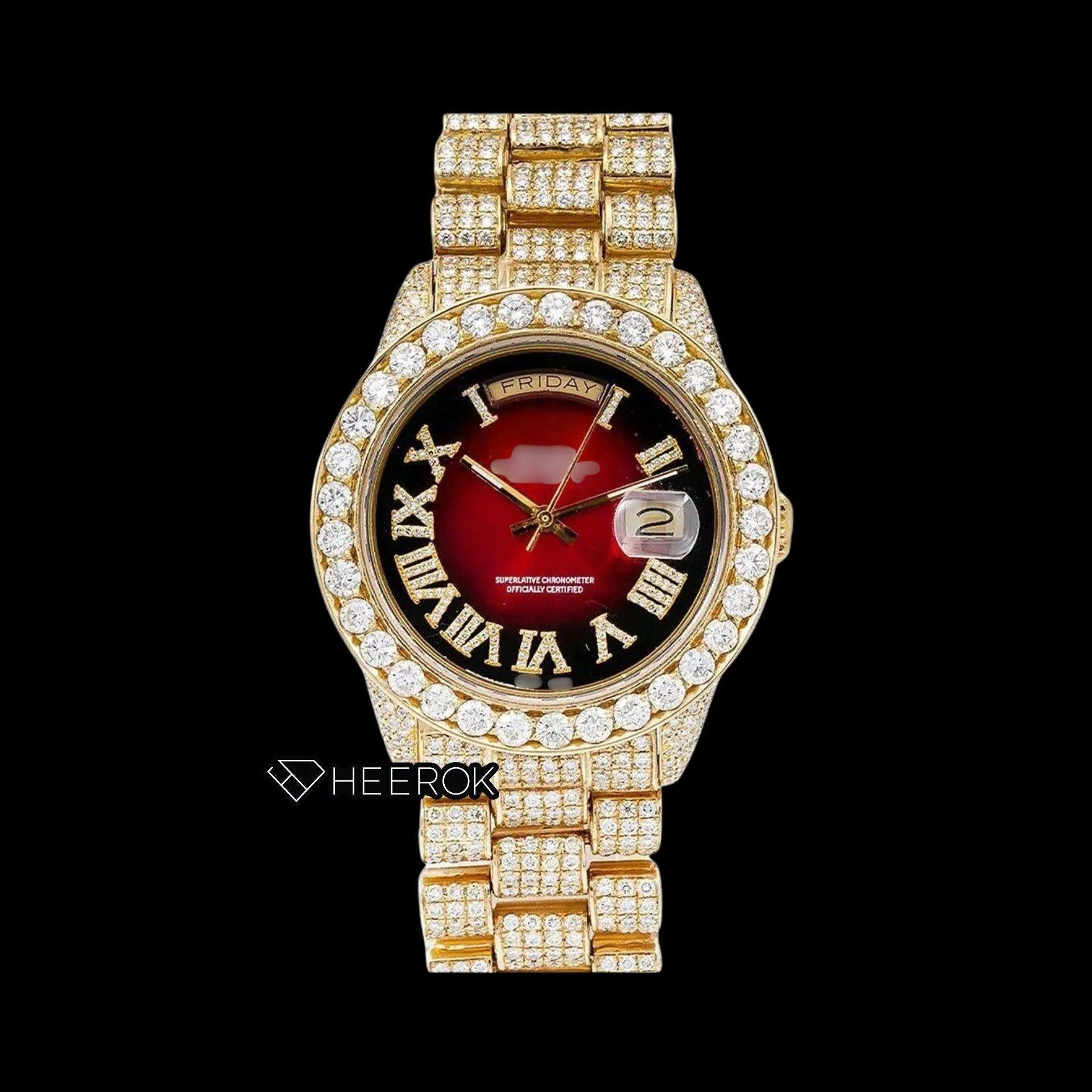 Rolex Day-Date Red Dial Roman Diamond Numerals Diamond Bezel Yellow Gold Fully Iced Moissanite Diamond President Bracelet For Women