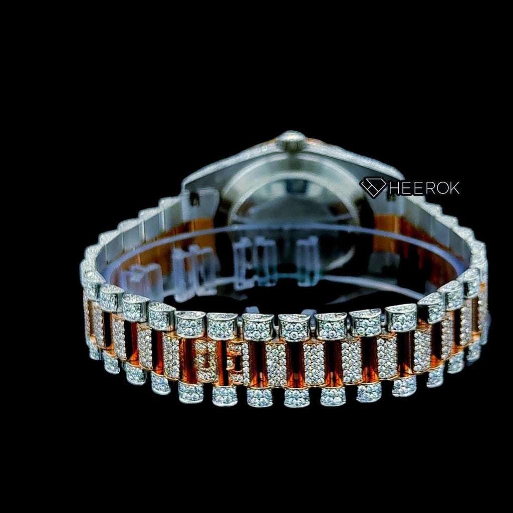 Rolex Day-Date Red Dial Roman Stick Markers Diamond Bezel Two Tone Yellow Gold Moissanite Diamond President Bracelet For Women
