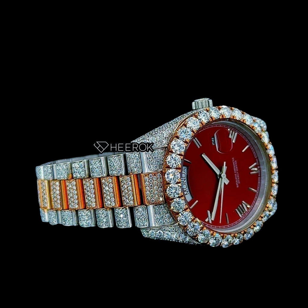 Rolex Day-Date Red Dial Roman Stick Markers Diamond Bezel Two Tone Yellow Gold Moissanite Diamond President Bracelet For Women