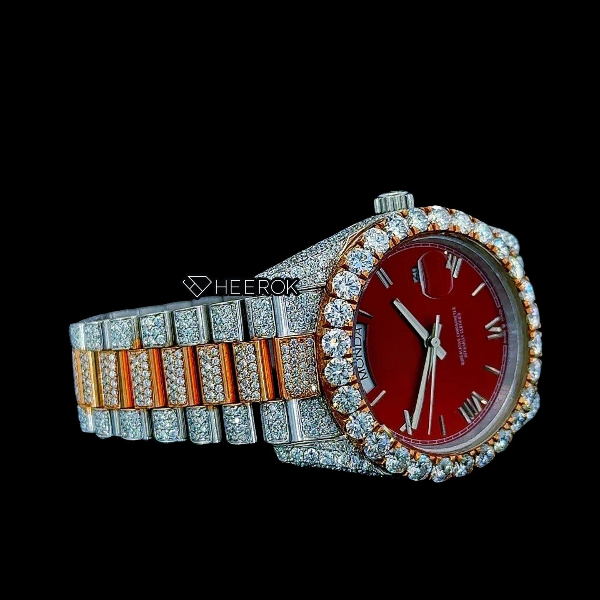 Rolex Day-Date Red Dial Roman Stick Markers Diamond Bezel Two Tone Yellow Gold Moissanite Diamond President Bracelet For Women