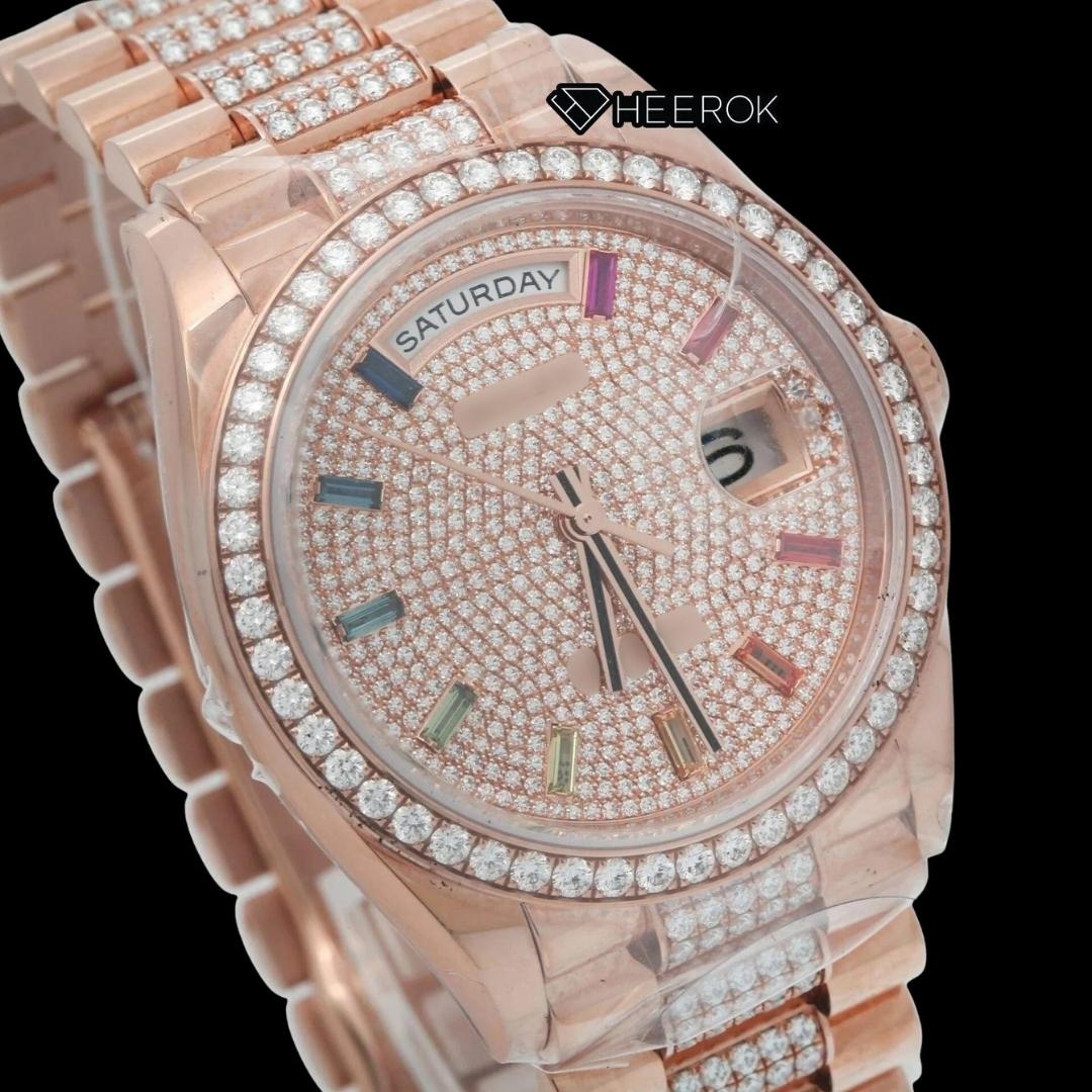 Rolex Day-Date Rose Gold Diamond Pave Dial Multicolor Baguette Markers Diamond Bezel Moissanite Diamond President Bracelet For Women