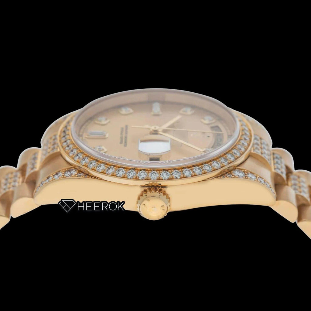Rolex Day-Date Yellow Dial Diamond Markers Diamond Bezel Yellow Gold Semi Iced Moissanite Diamond President Bracelet Watch For Women
