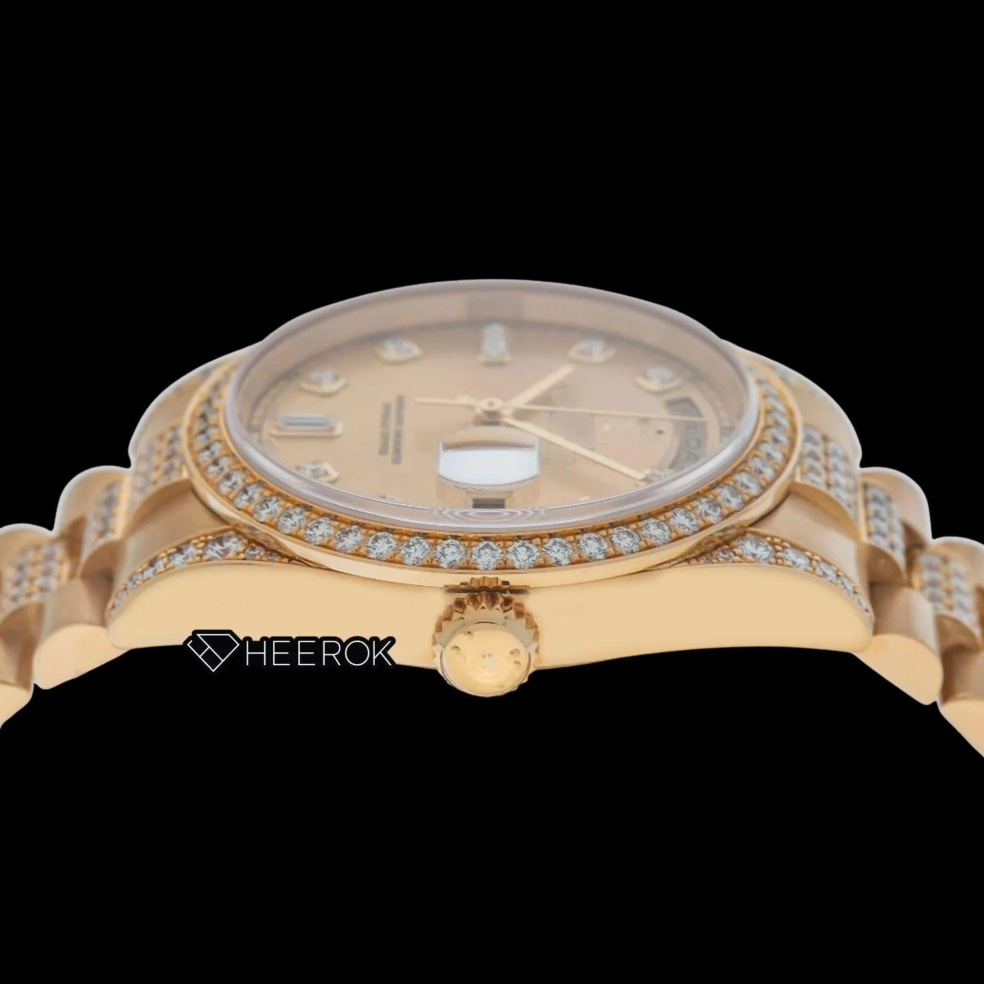 Rolex Day-Date Yellow Dial Diamond Markers Diamond Bezel Yellow Gold Semi Iced Moissanite Diamond President Bracelet Watch For Women