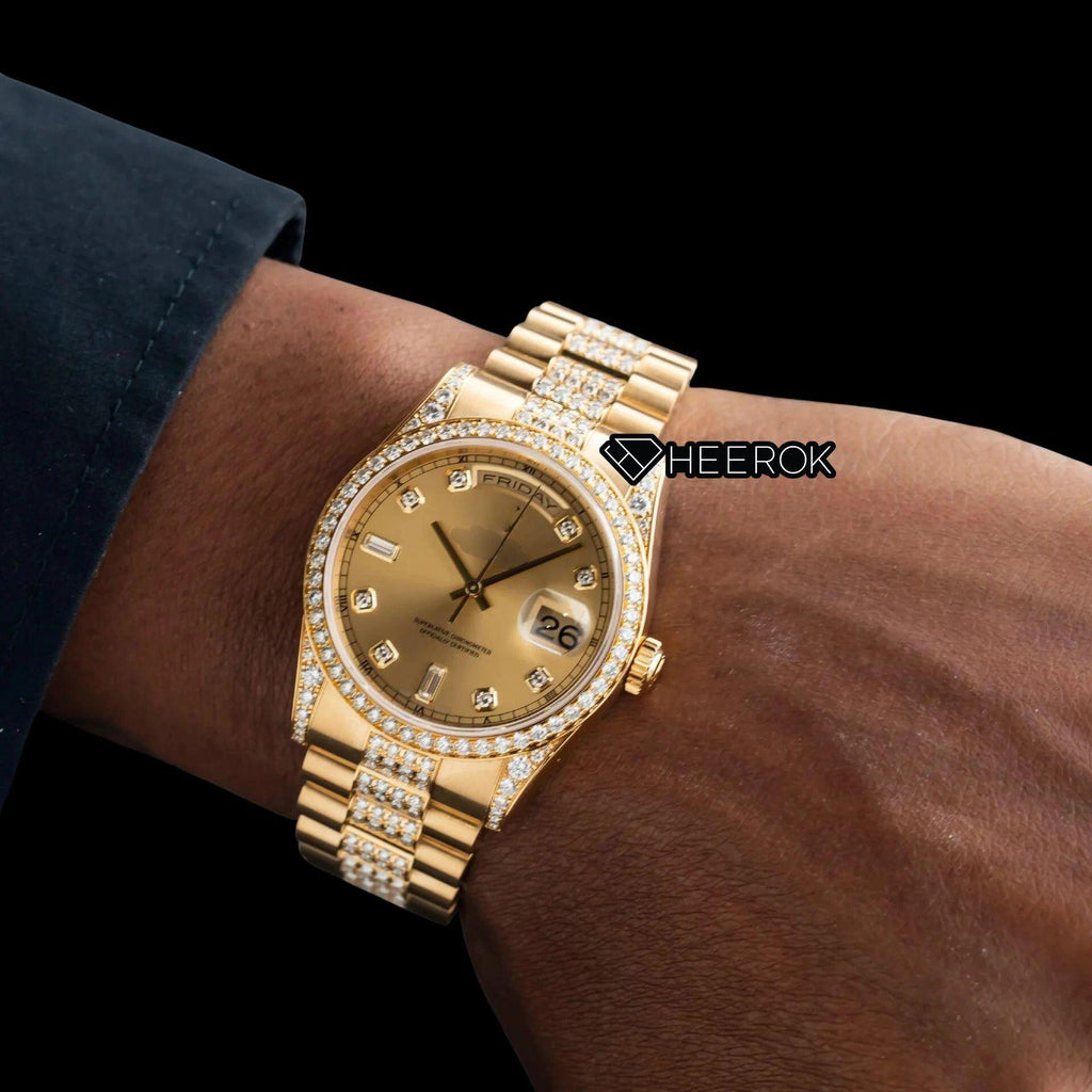 Rolex Day-Date Yellow Dial Diamond Markers Diamond Bezel Yellow Gold Semi Iced Moissanite Diamond President Bracelet Watch For Women