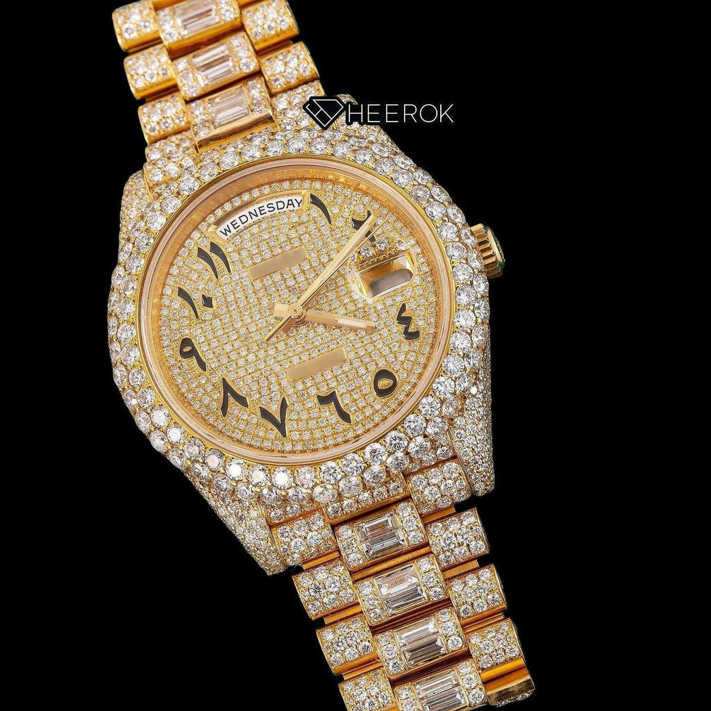 Rolex Day-Date Yellow Gold Dial Arabic Numerals Diamond Bezel Yellow Gold Fully Iced Moissanite Diamond President Bracelet